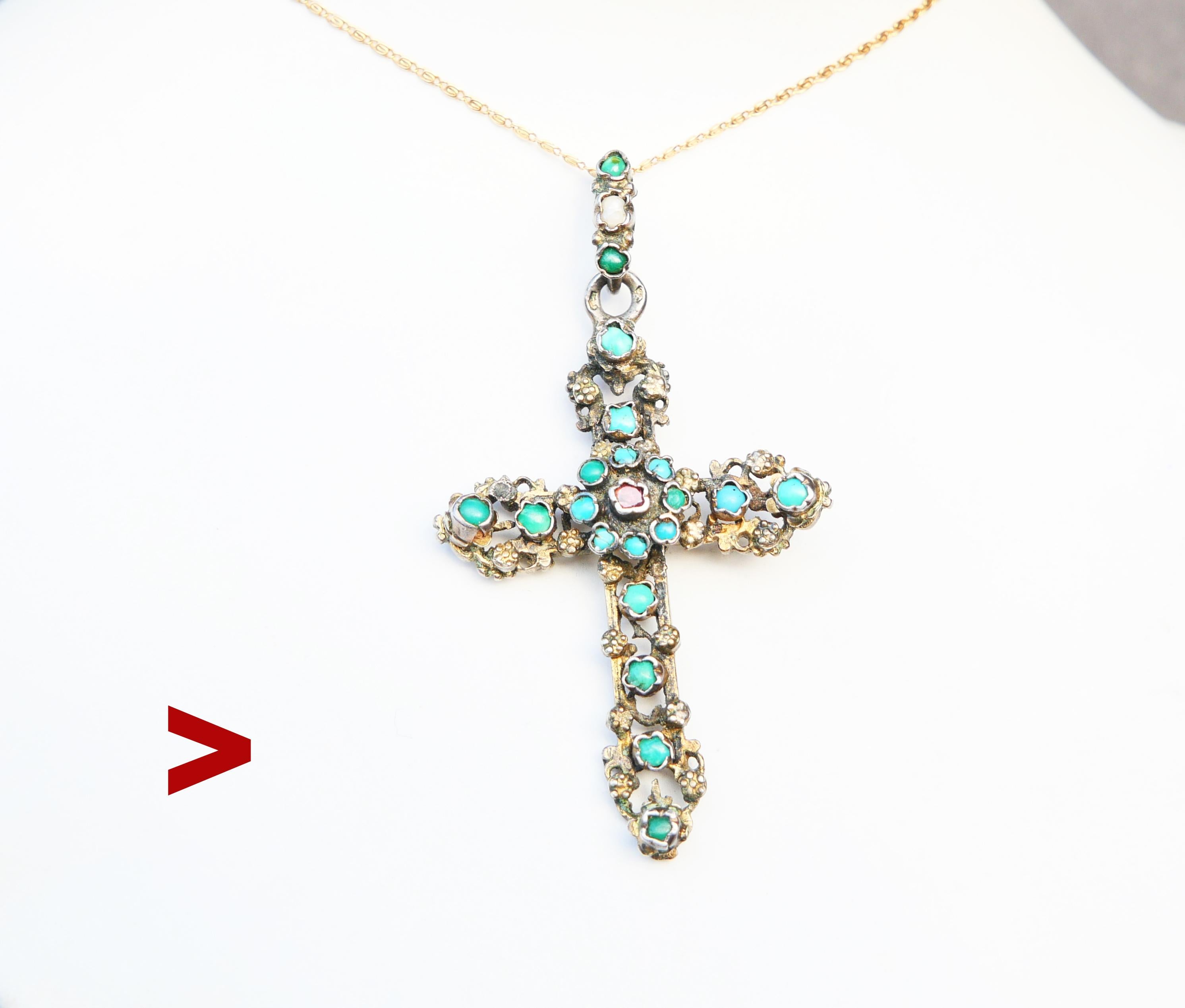 Antique Cross in guilt Silver decorated with natural blue Turquoises, one Garnets ,one natural blister Pearl and remnants of black enamel. Late period of Austrian-Hungarian Empire, bail has hallmarks used since 1866 until 1920s

This pendant Can be