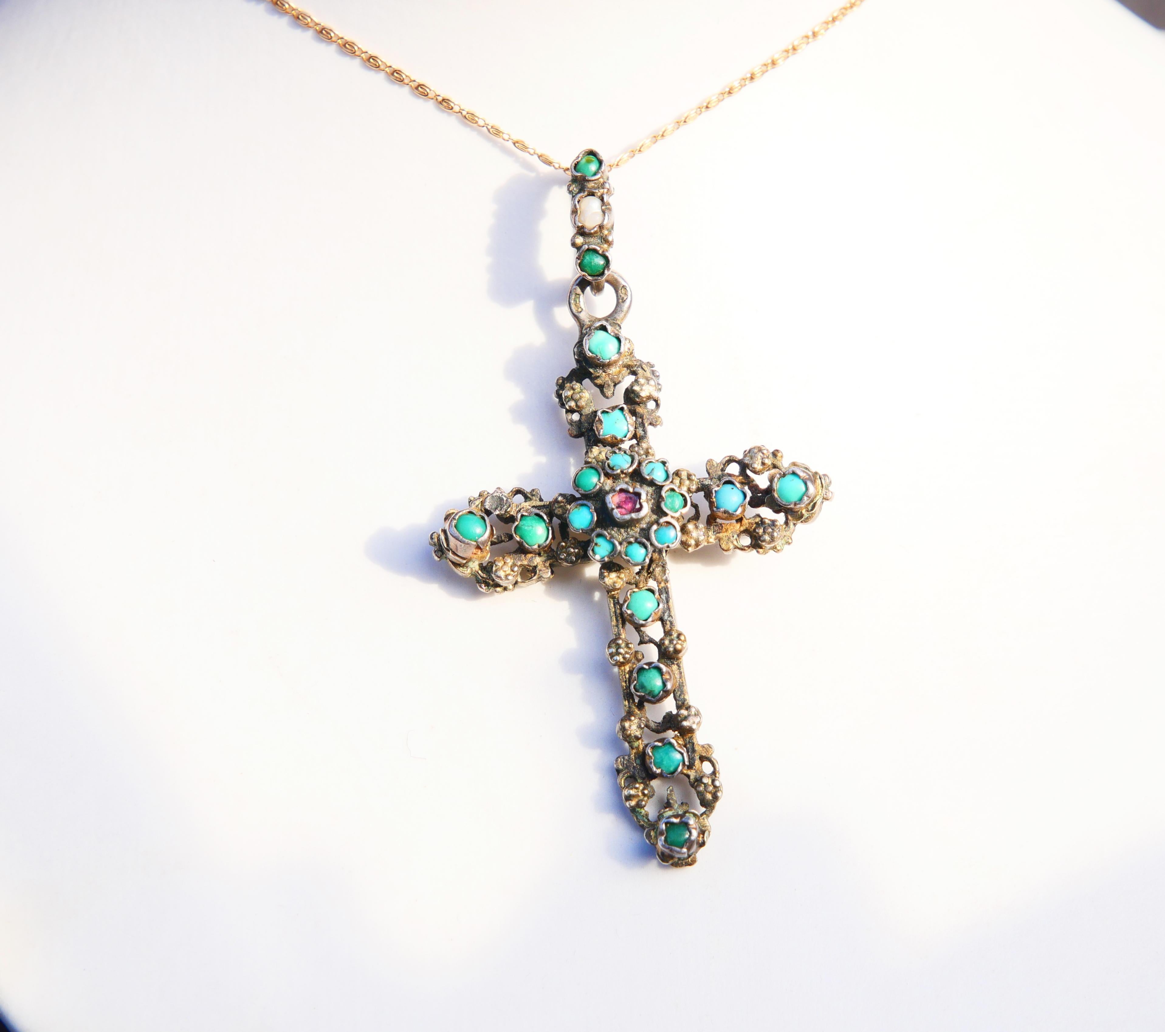Renaissance Revival Antique Austrian Bohemian Cross Silver Turquoise Garnet Pearl Enamel Pendant/11g For Sale