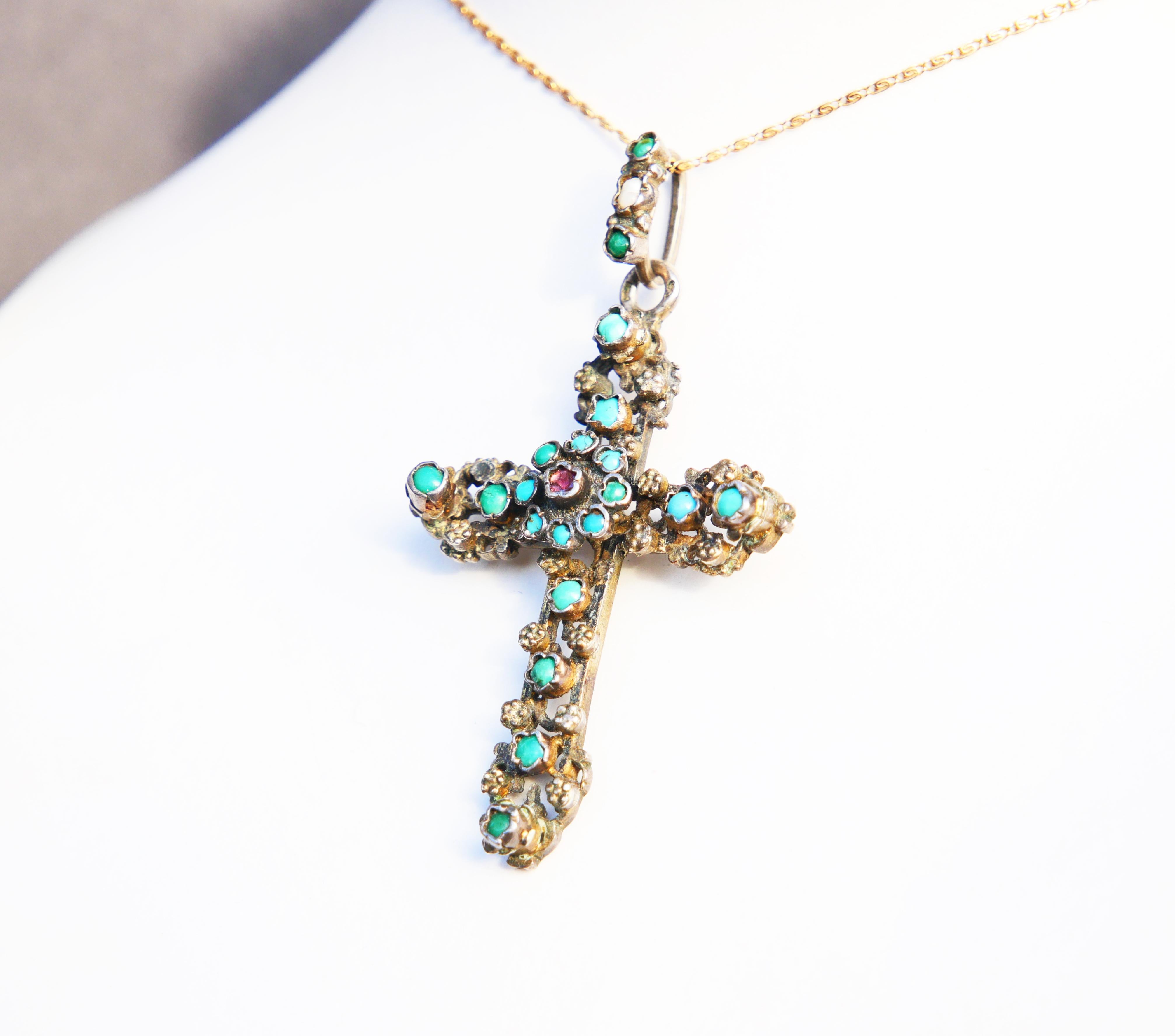 Women's or Men's Antique Austrian Bohemian Cross Silver Turquoise Garnet Pearl Enamel Pendant/11g For Sale