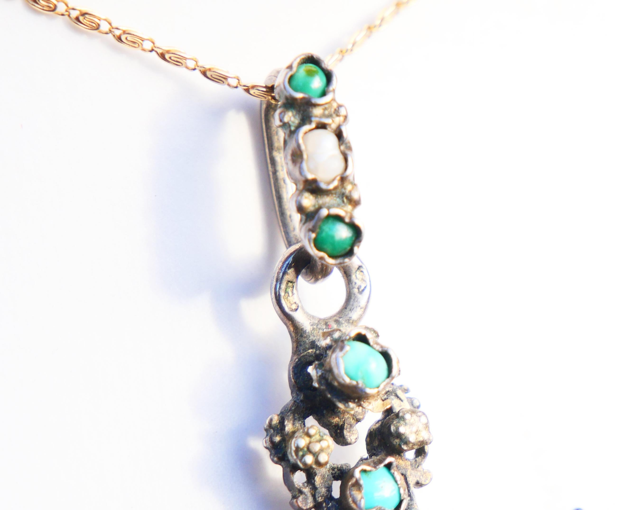 Antique Austrian Bohemian Cross Silver Turquoise Garnet Pearl Enamel Pendant/11g For Sale 1