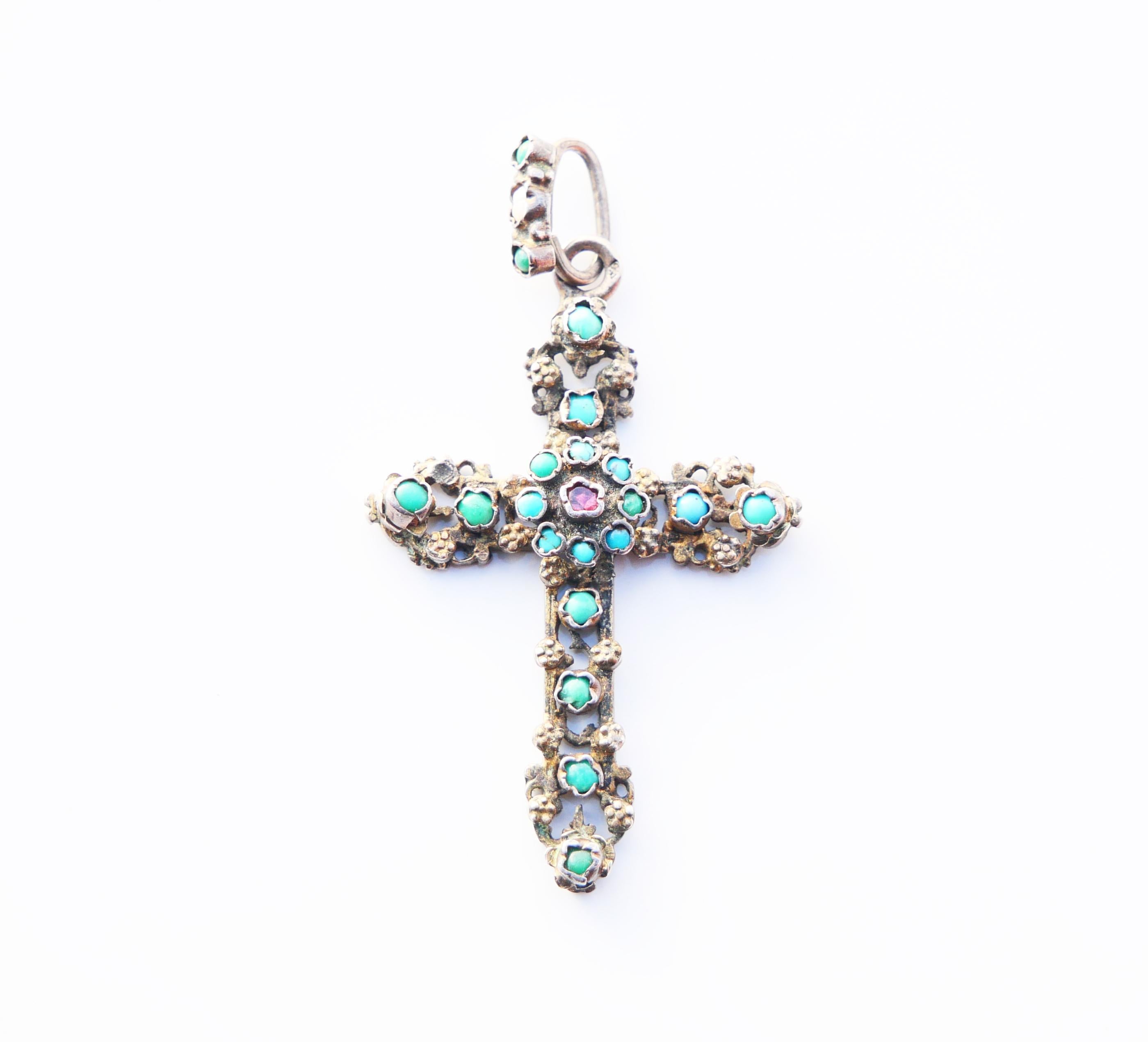Antique Austrian Bohemian Cross Silver Turquoise Garnet Pearl Enamel Pendant/11g For Sale 2