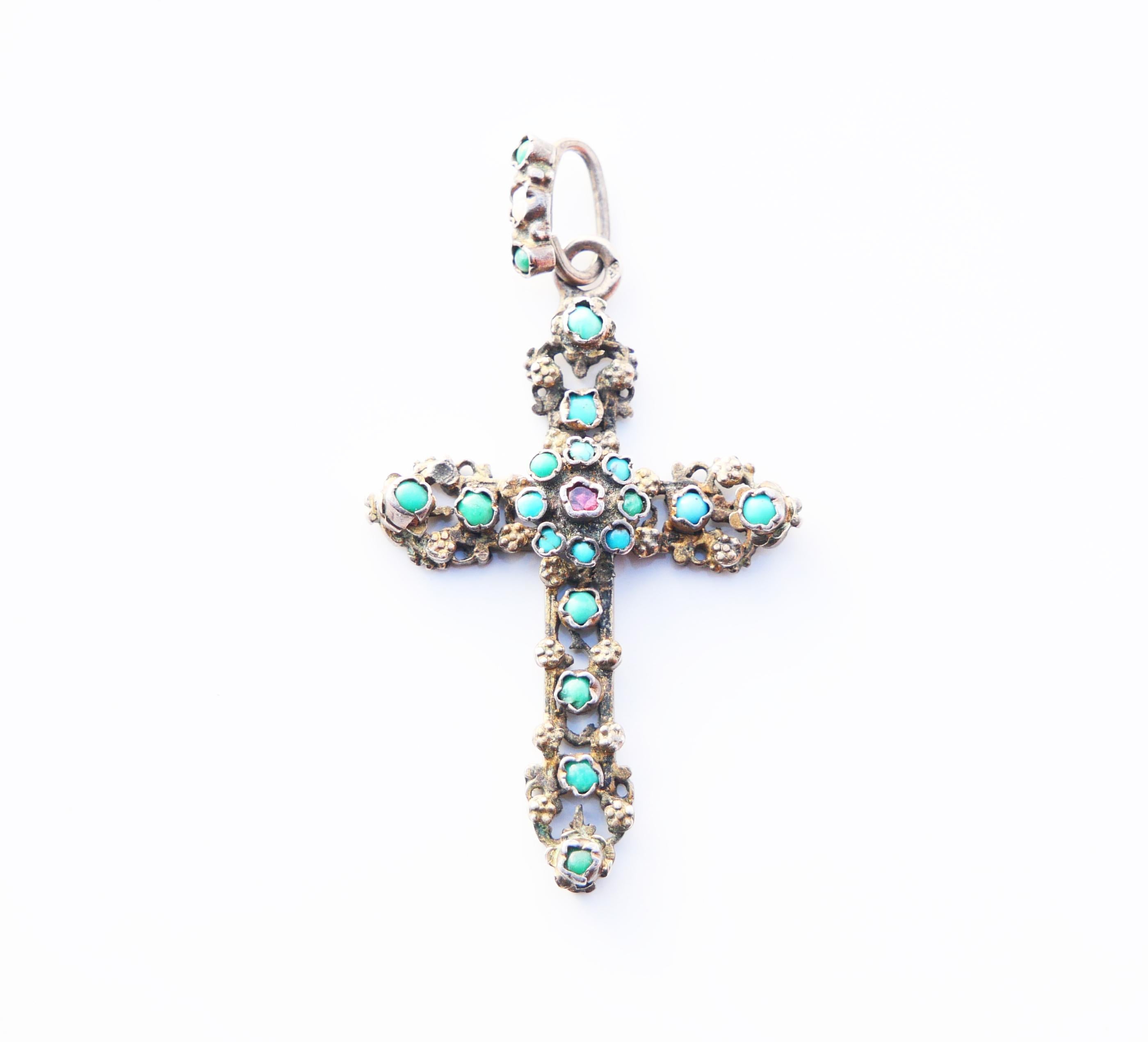 Antiker österreichischer böhmischer Kreuz-Anhänger/11g aus Silber, Türkis, Granat, Perle und Emaille im Angebot 2