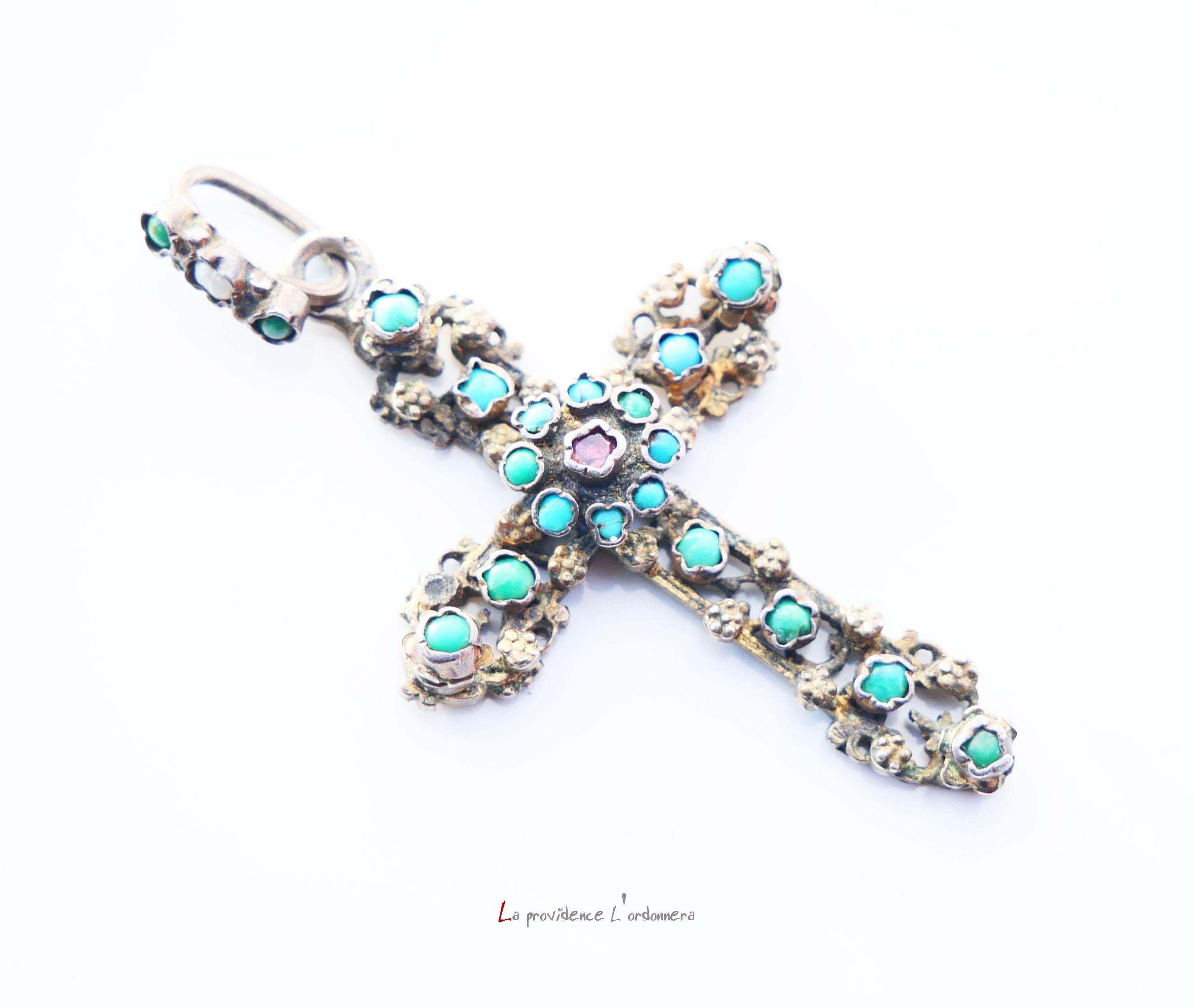 Antique Austrian Bohemian Cross Silver Turquoise Garnet Pearl Enamel Pendant/11g For Sale 3