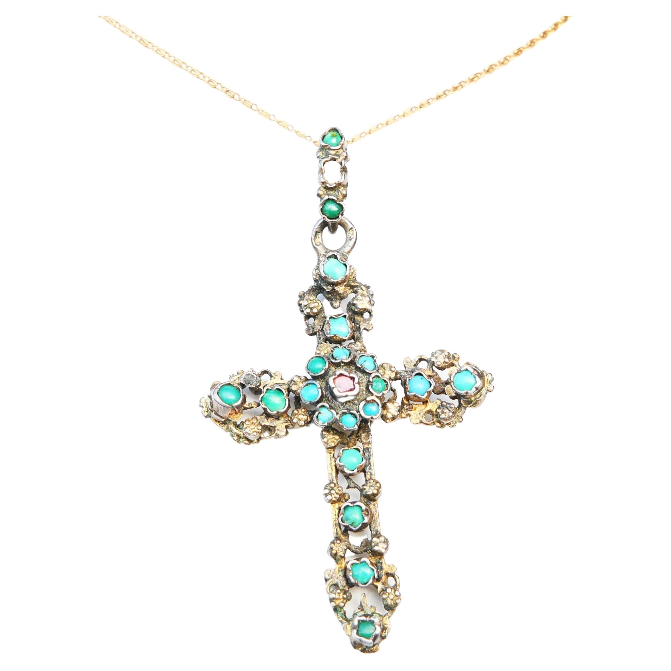 Antique pendentif croix de Bohème autrichienne en argent, turquoise, grenat, perle et émail 11 g