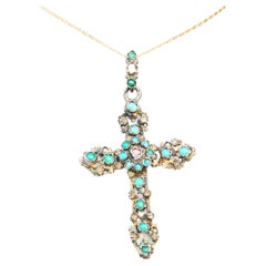 Antique Austrian Bohemian Cross Silver Turquoise Garnet Pearl Enamel Pendant/11g