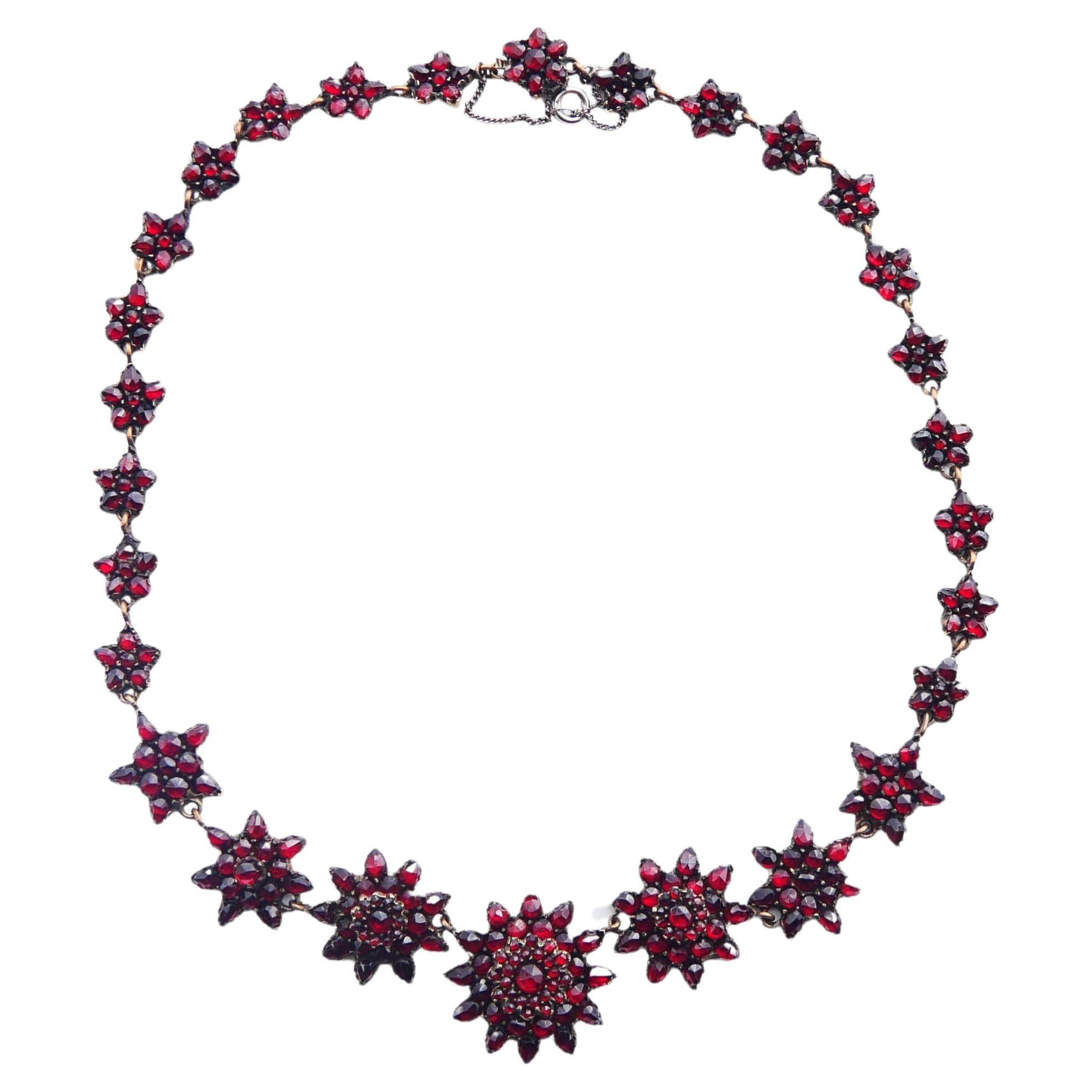 Antike österreichische böhmische Halskette aus vergoldetem Silber mit Granaten / 40,5cm / 23gr.