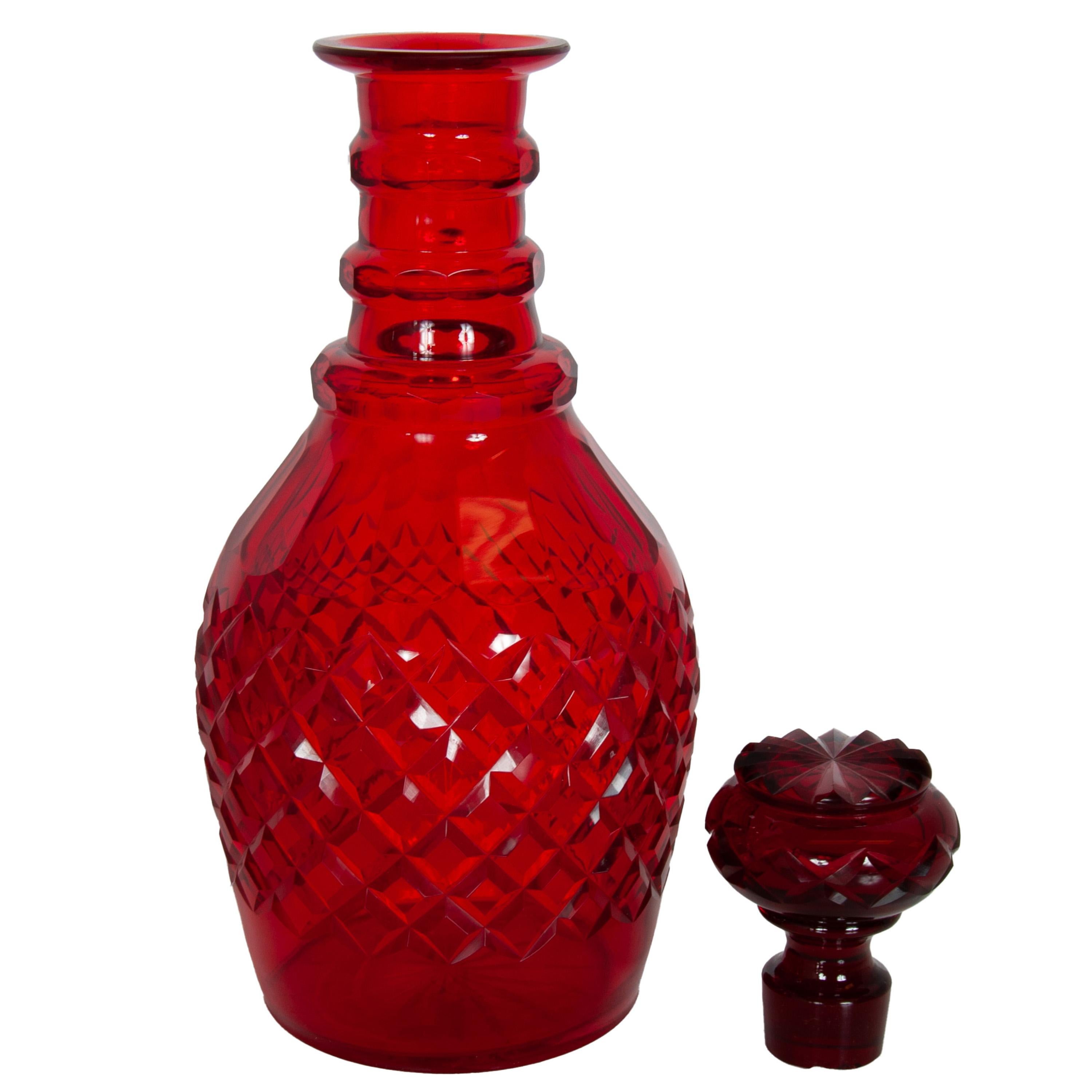Antique Austrian Bohemian Red Cut Glass Wine Liquor Decanters & Stoppers 1880 in vendita 5