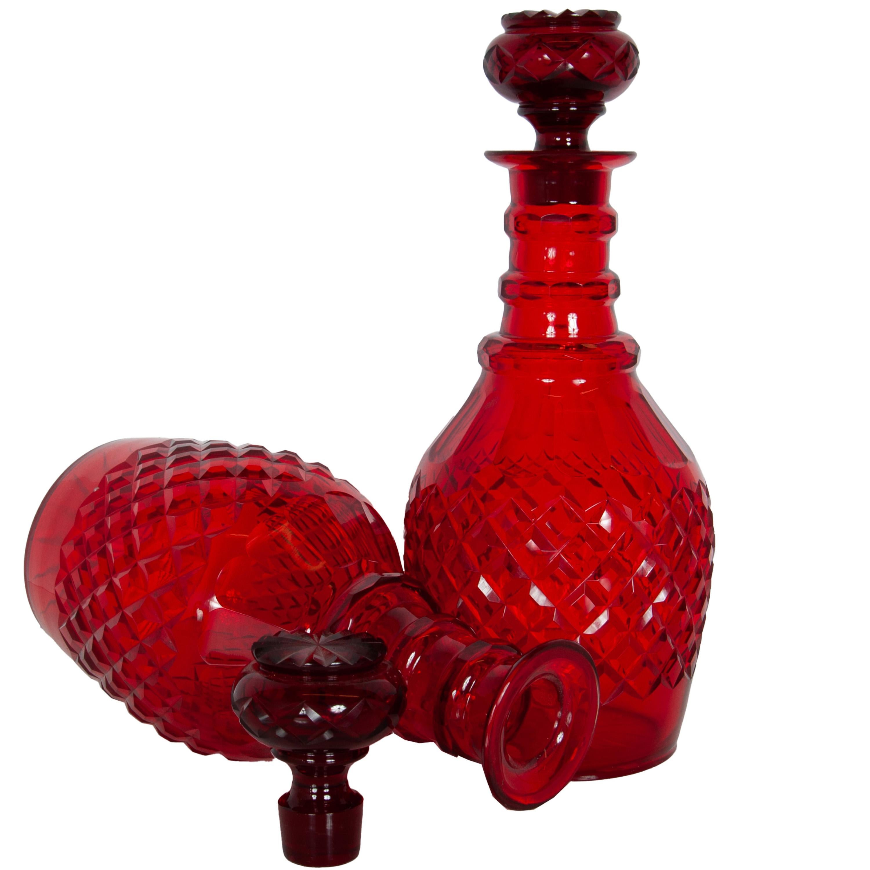 Antique Austrian Bohemian Red Cut Glass Wine Liquor Decanters & Stoppers 1880 in vendita 6