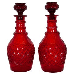 Antique Austrian Bohemian Red Cut Glass Wine Liquor Decanters & Stoppers 1880