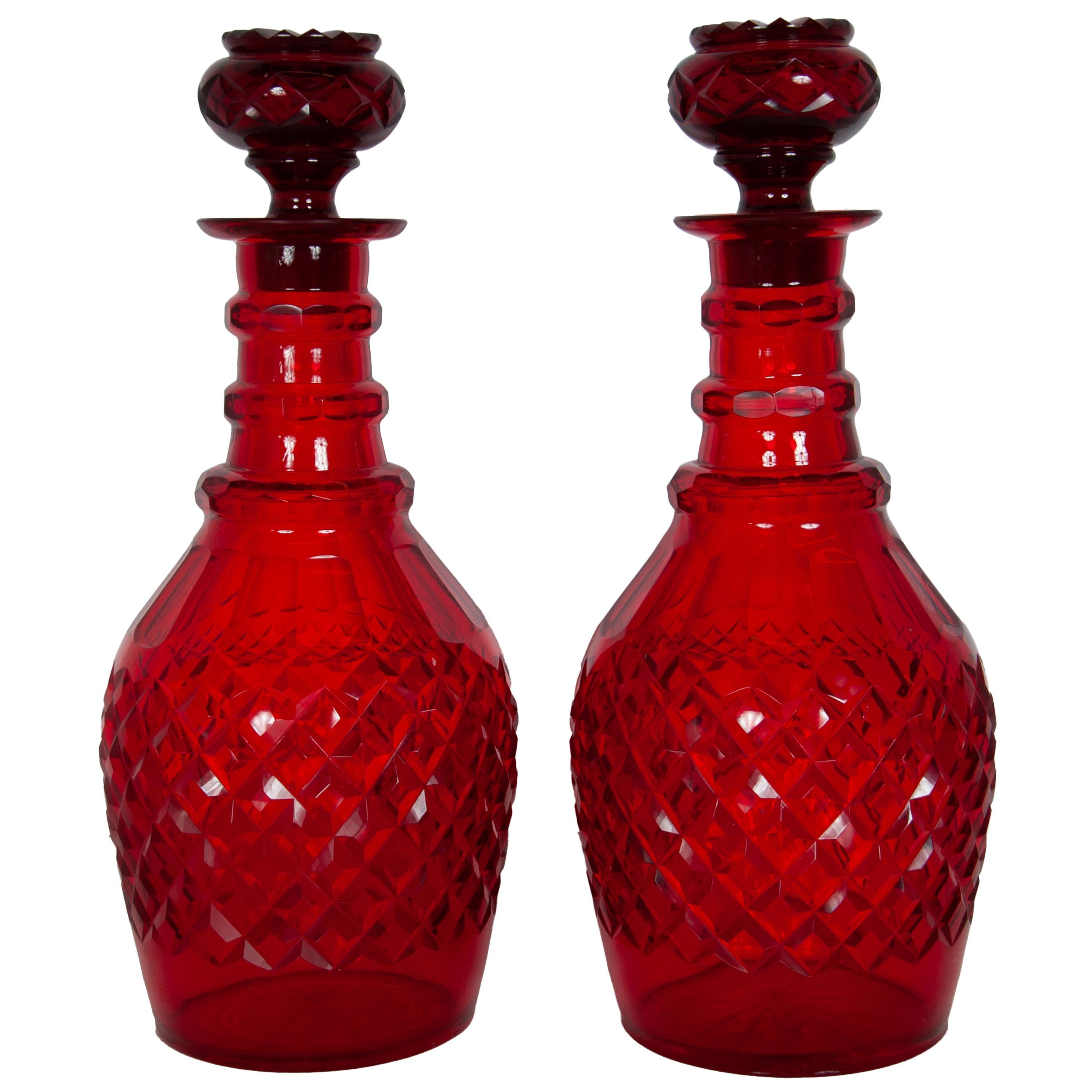 Bohémien Antique Austrian Bohemian Red Cut Glass Wine Liquor Decanters & Stoppers 1880 in vendita