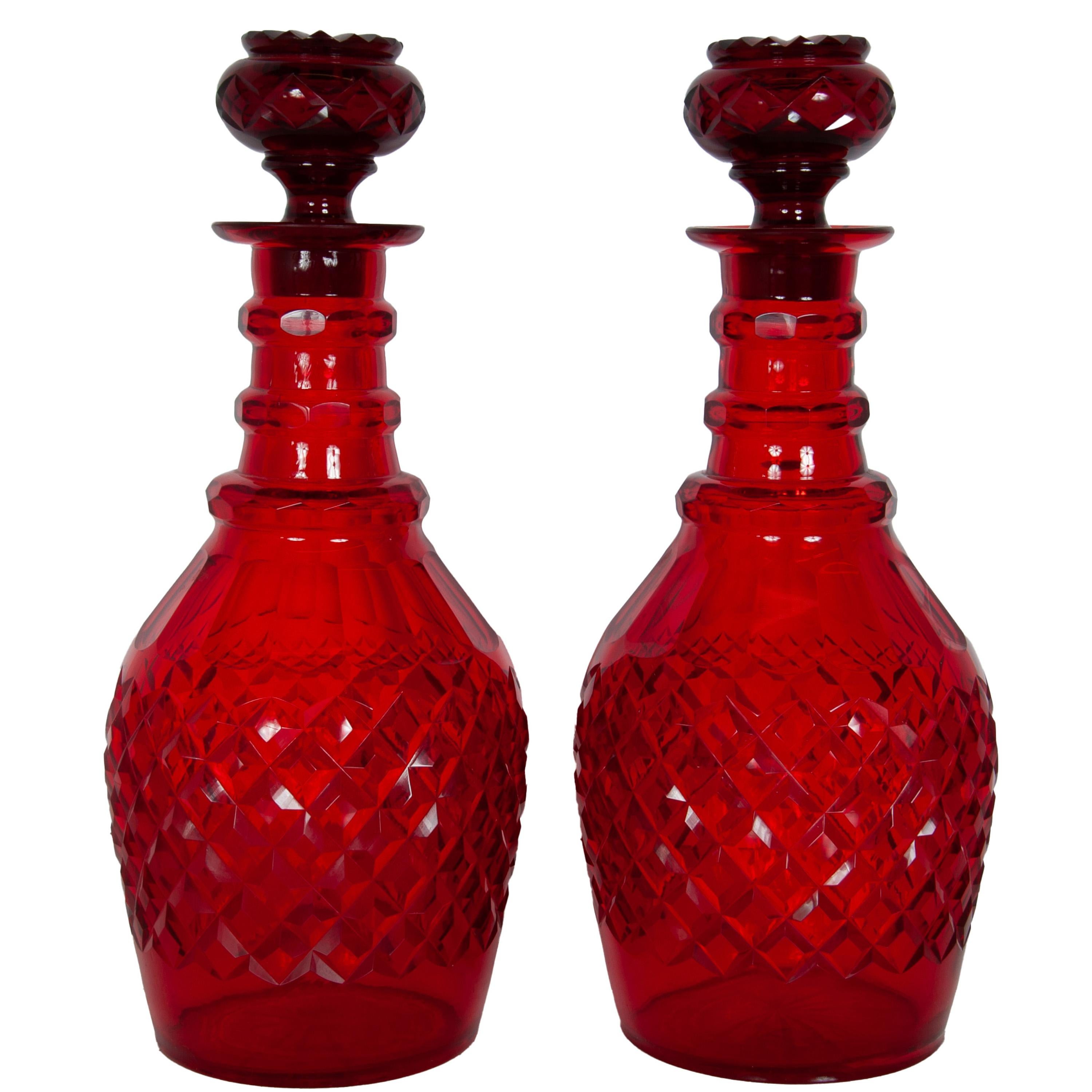 Austriaco Antique Austrian Bohemian Red Cut Glass Wine Liquor Decanters & Stoppers 1880 in vendita