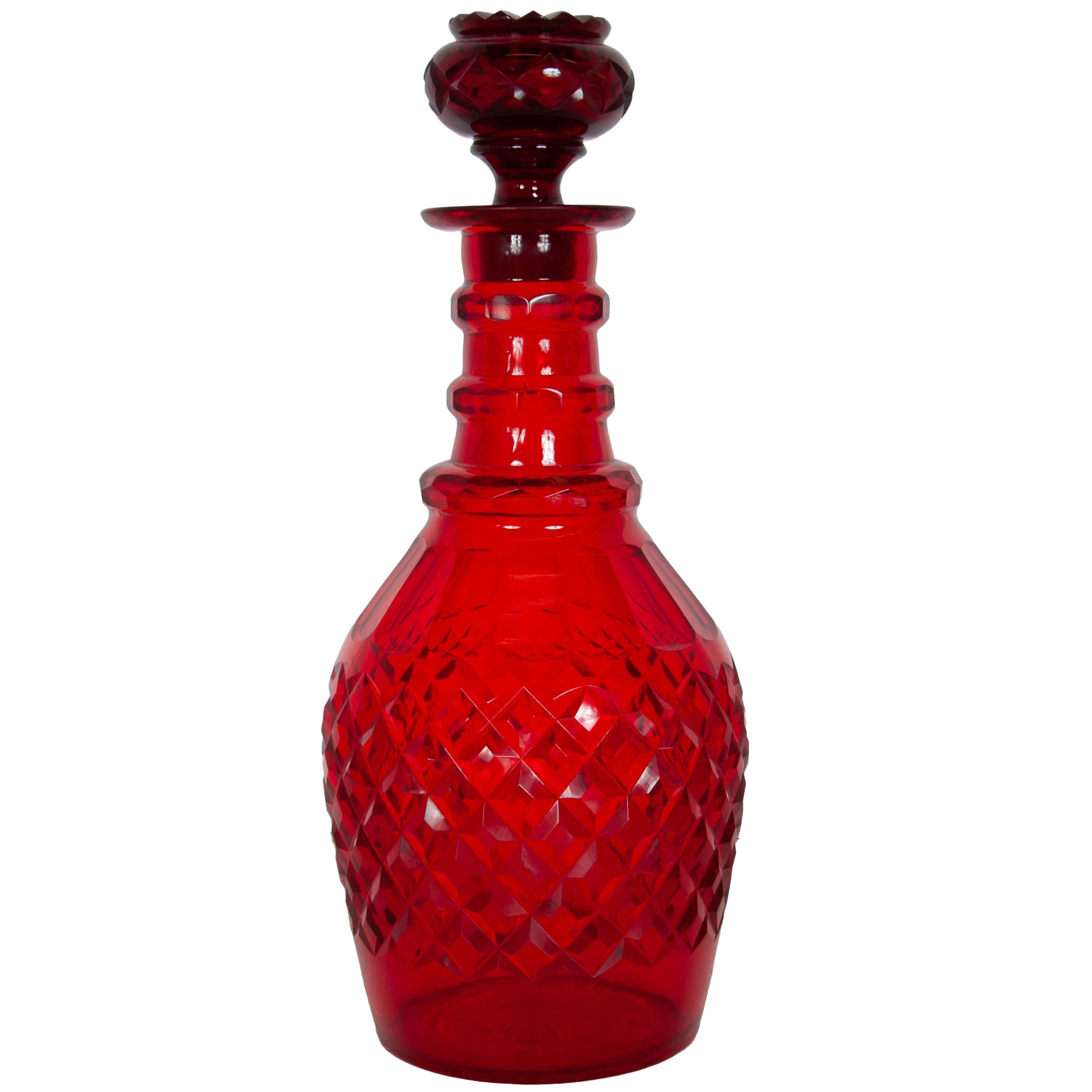 Fine XIX secolo Antique Austrian Bohemian Red Cut Glass Wine Liquor Decanters & Stoppers 1880 in vendita