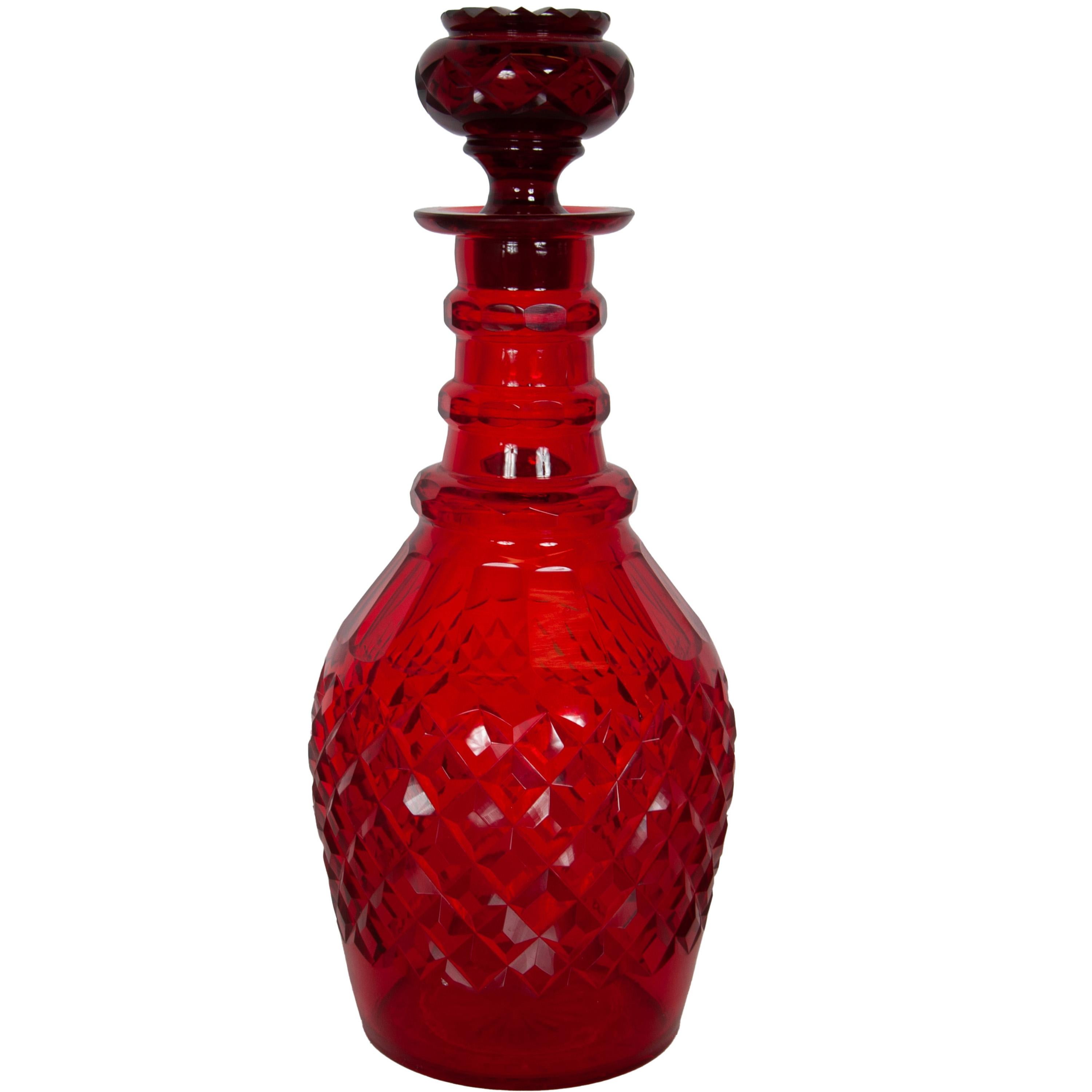 Vetro intagliato Antique Austrian Bohemian Red Cut Glass Wine Liquor Decanters & Stoppers 1880 in vendita