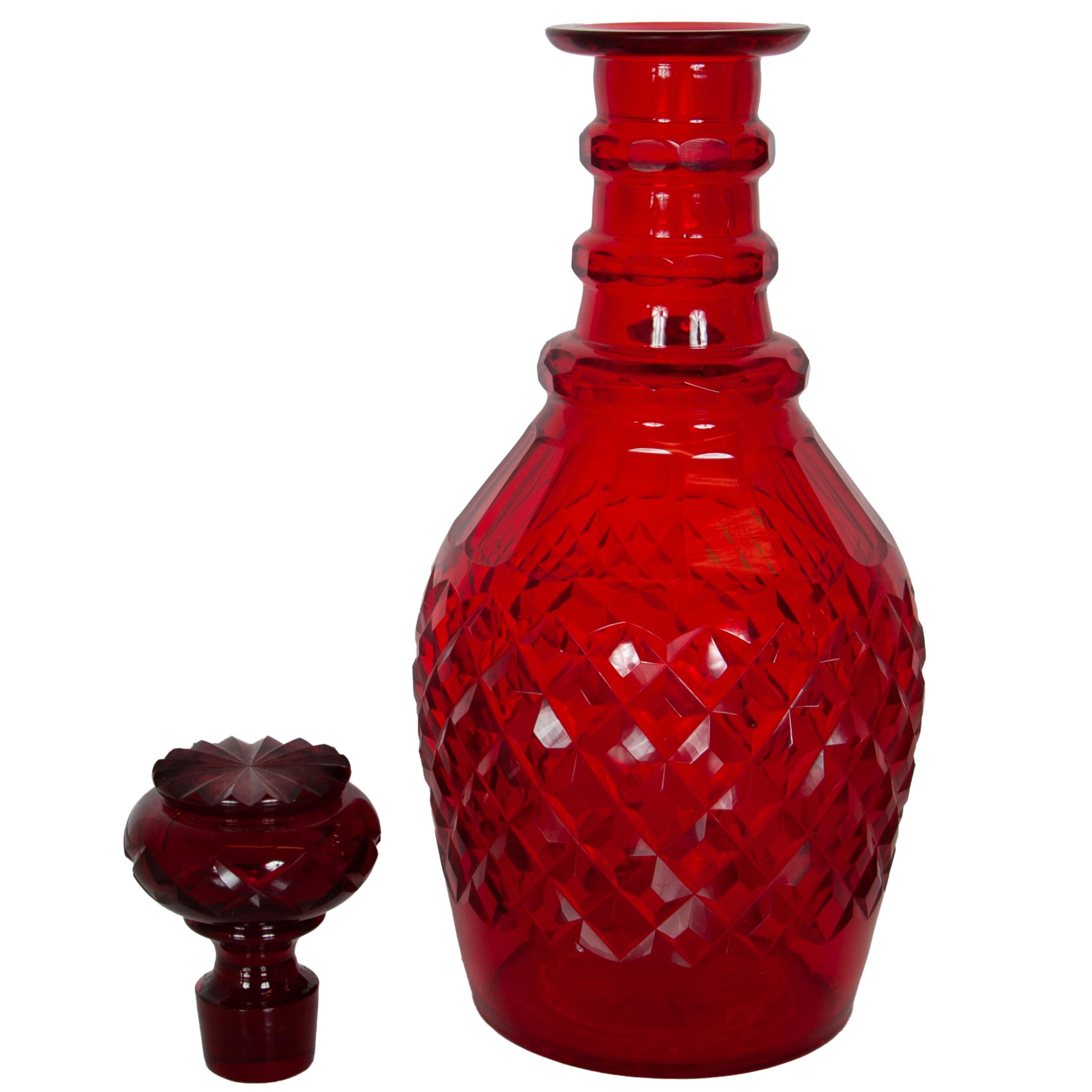 Antique Austrian Bohemian Red Cut Glass Wine Liquor Decanters & Stoppers 1880 in vendita 1
