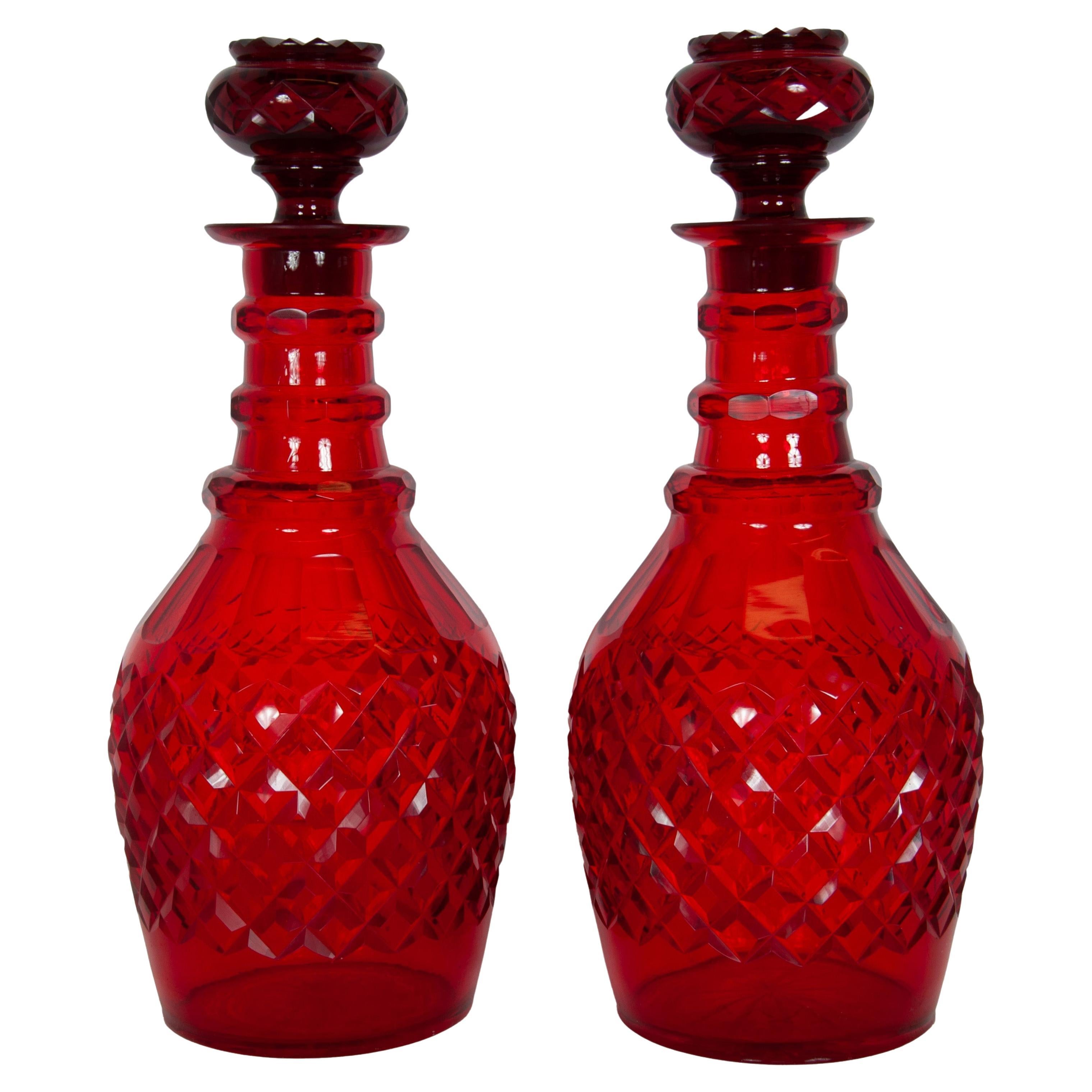 Antique Austrian Bohemian Red Cut Glass Wine Liquor Decanters & Stoppers 1880
