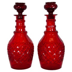 Antique Austrian Bohemian Red Cut Glass Wine Liquor Decanters & Stoppers 1880