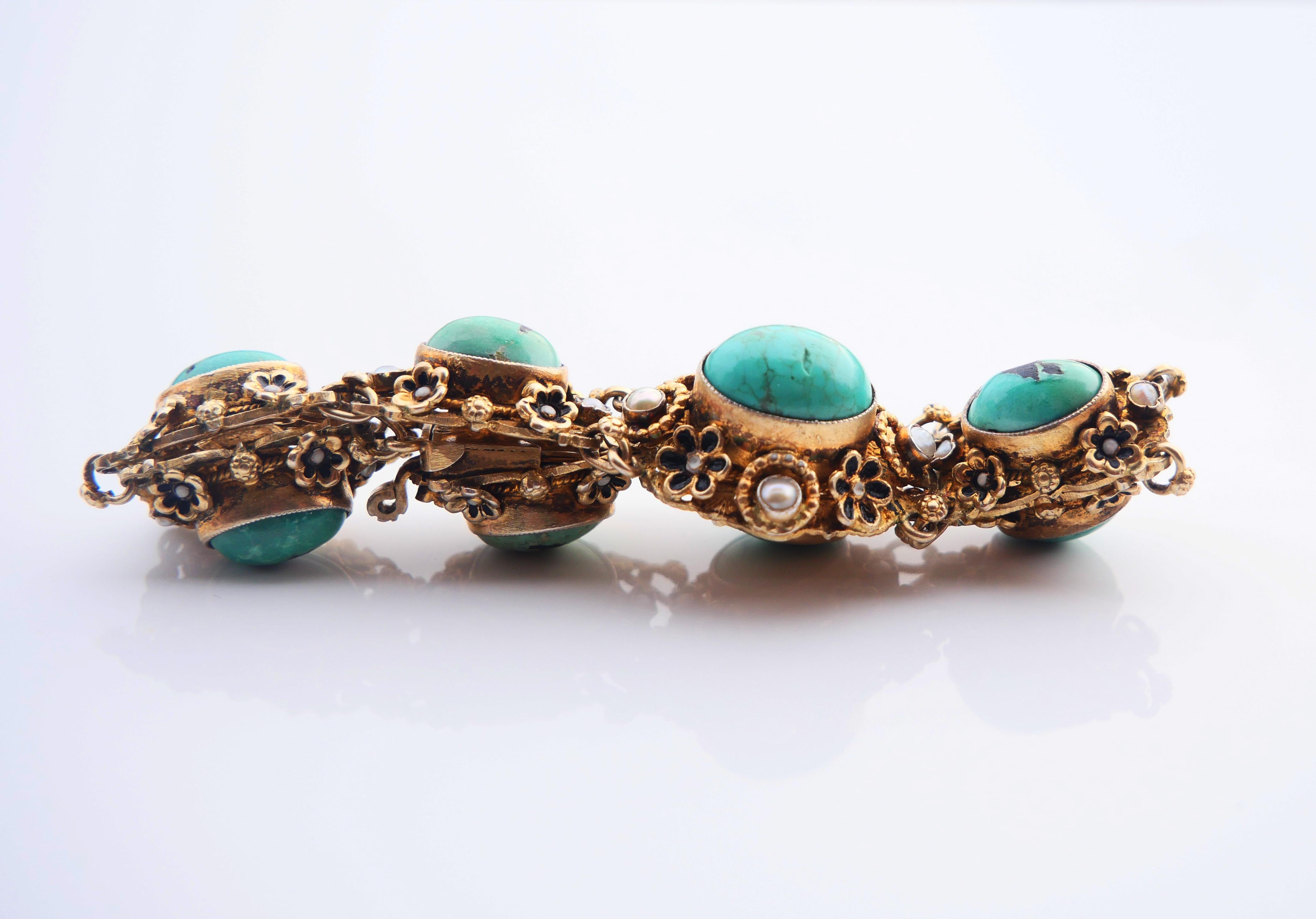 Antique Austrian Bracelet + Brooch 50ctw Turquoise Pearls Gilt Silver 18cm 52gr For Sale 5