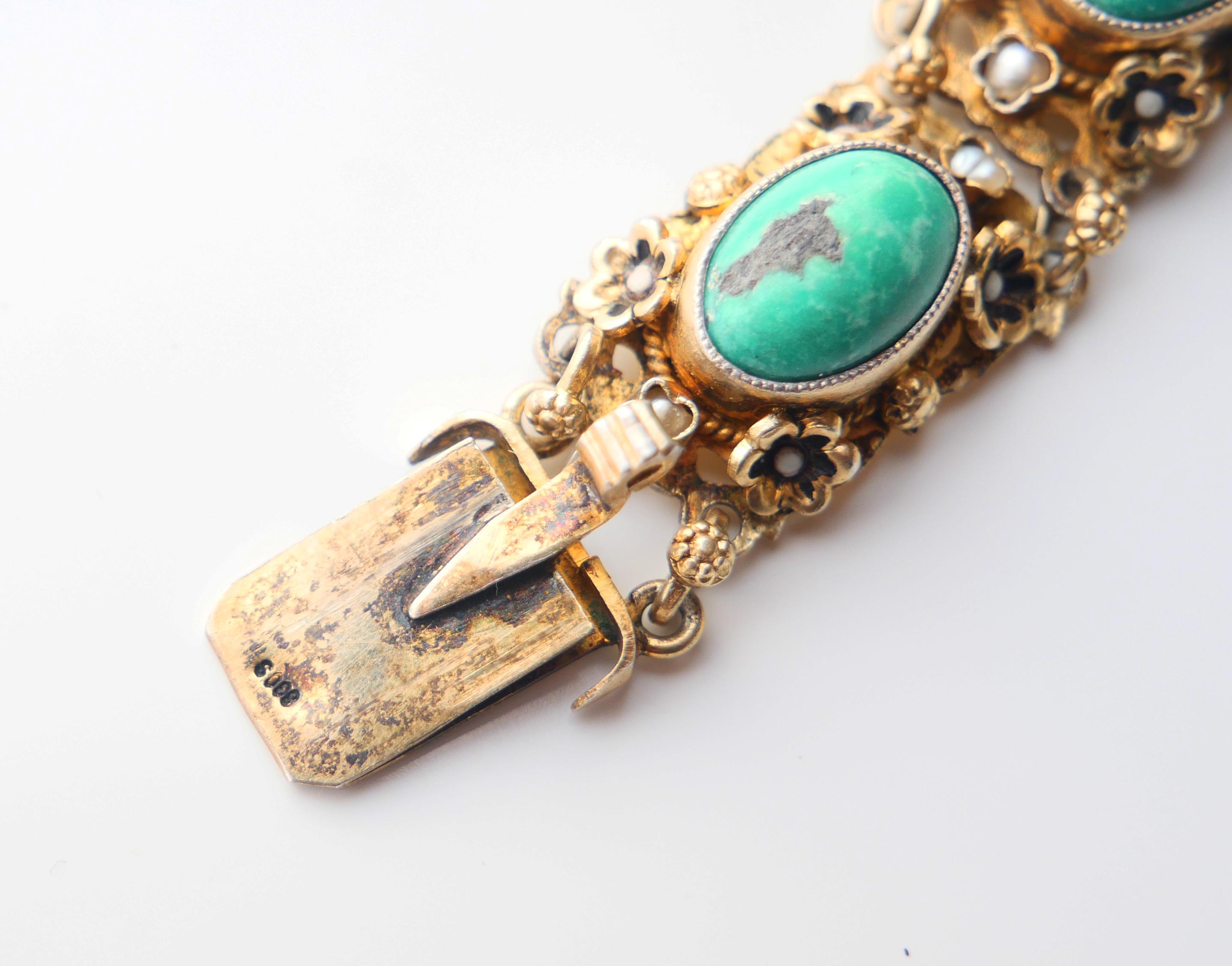 Antique Austrian Bracelet + Brooch 50ctw Turquoise Pearls Gilt Silver 18cm 52gr For Sale 6