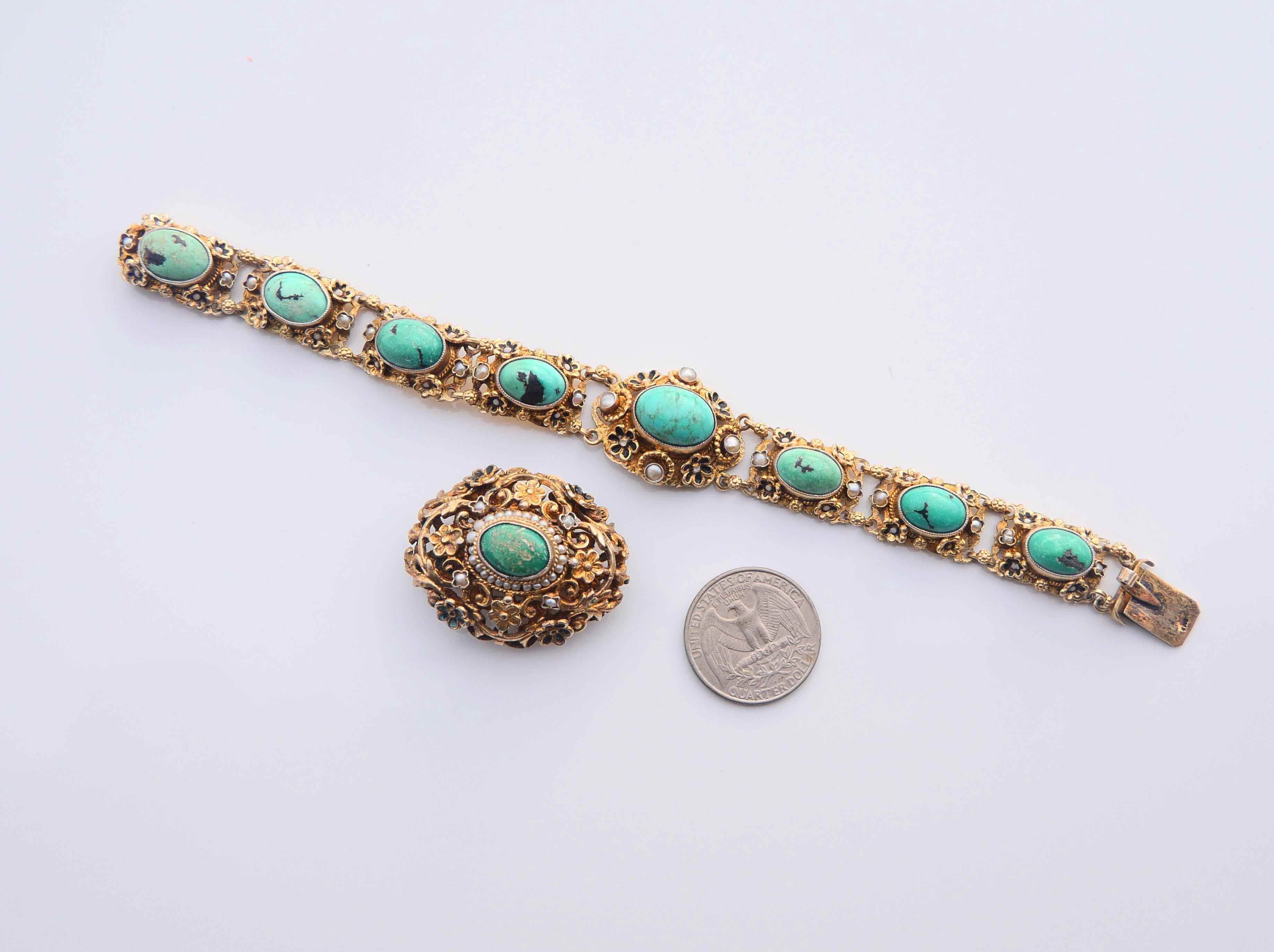 Antique Austrian Bracelet + Brooch 50ctw Turquoise Pearls Gilt Silver 18cm 52gr For Sale 7