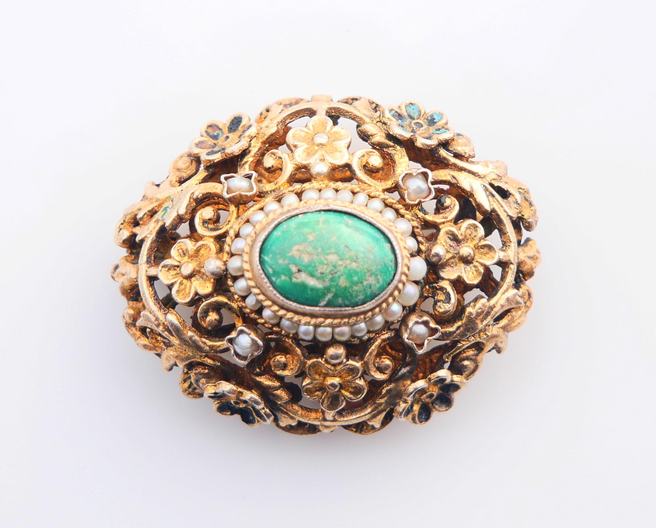 Antique Austrian Bracelet + Brooch 50ctw Turquoise Pearls Gilt Silver 18cm 52gr For Sale 8