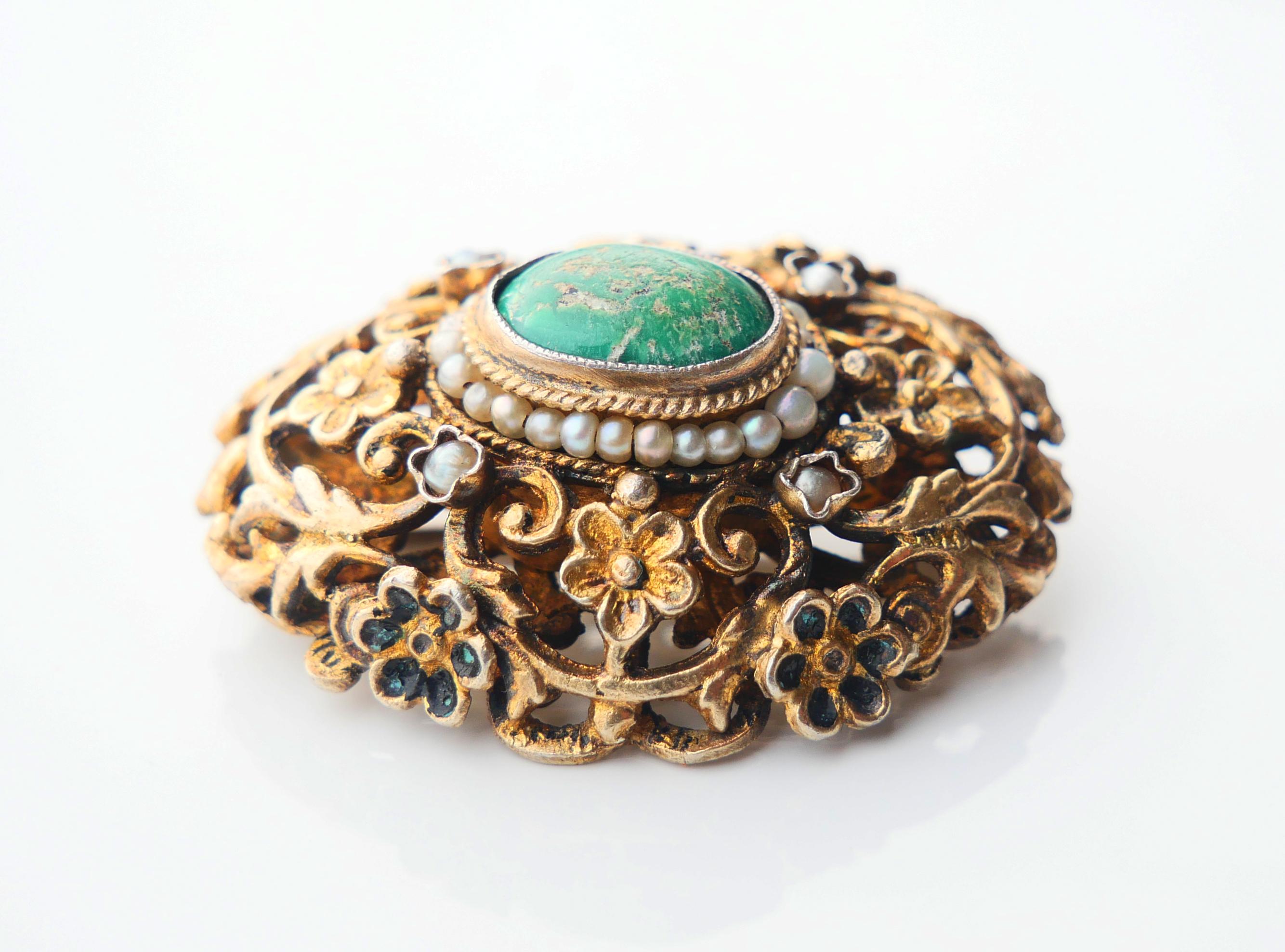 Antique Austrian Bracelet + Brooch 50ctw Turquoise Pearls Gilt Silver 18cm 52gr For Sale 9