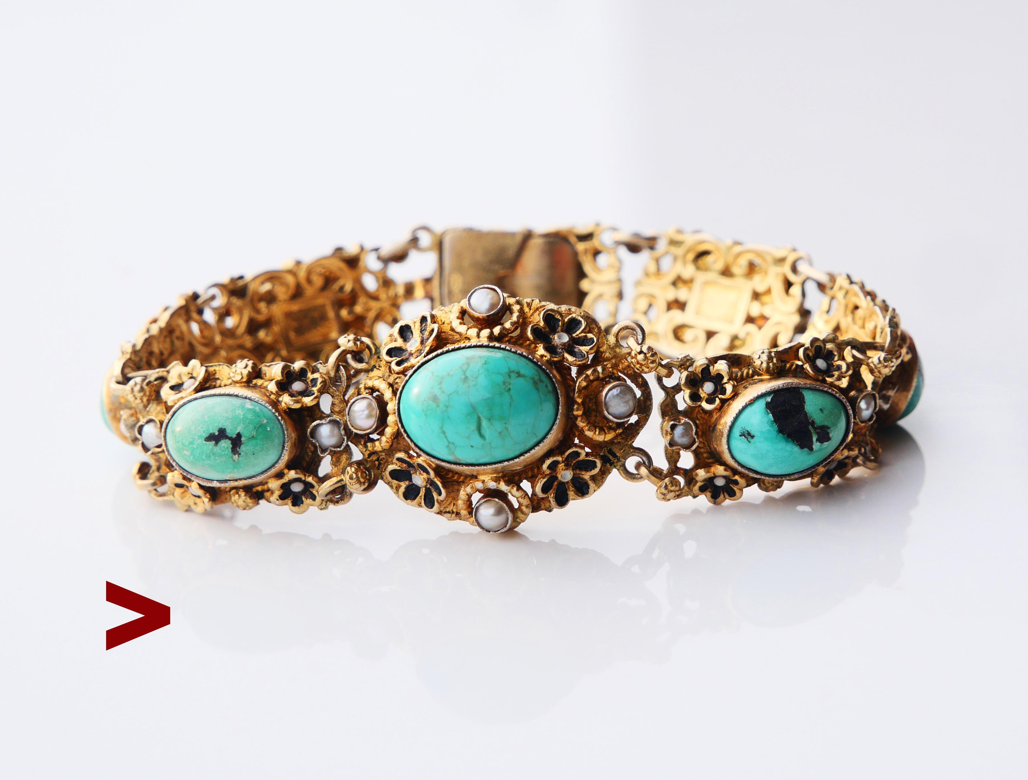A Renaissance styled Austrian / Hungarian or Bohemian Gilt Silver Bracelet and a matching Brooch decorated with natural Turquoise stones, Seed pearls and accented with black Enamel.  Hand made circa 1900s - 1920s.

Great example of old Austrian -