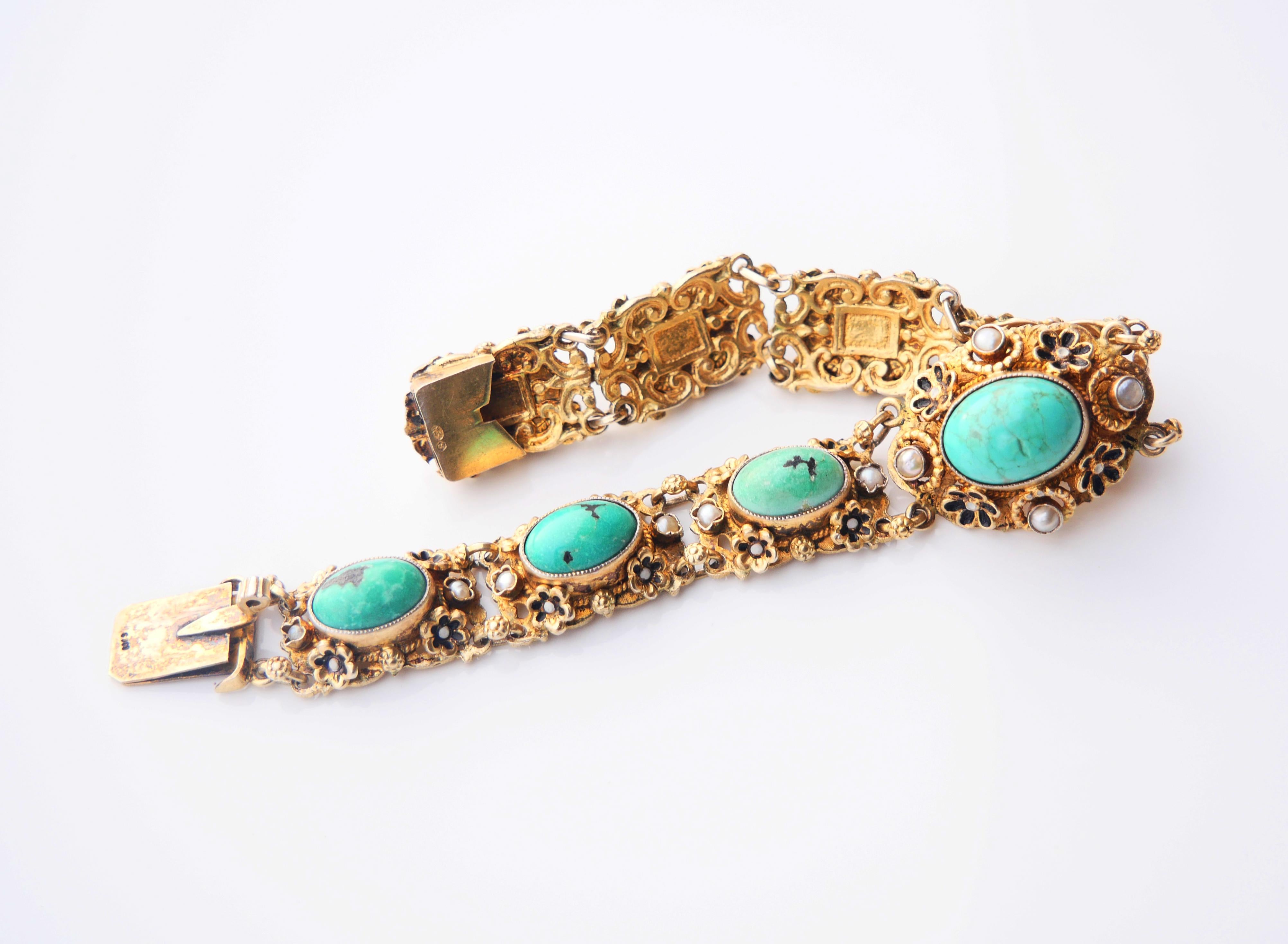 Renaissance Revival Antique Austrian Bracelet + Brooch 50ctw Turquoise Pearls Gilt Silver 18cm 52gr For Sale