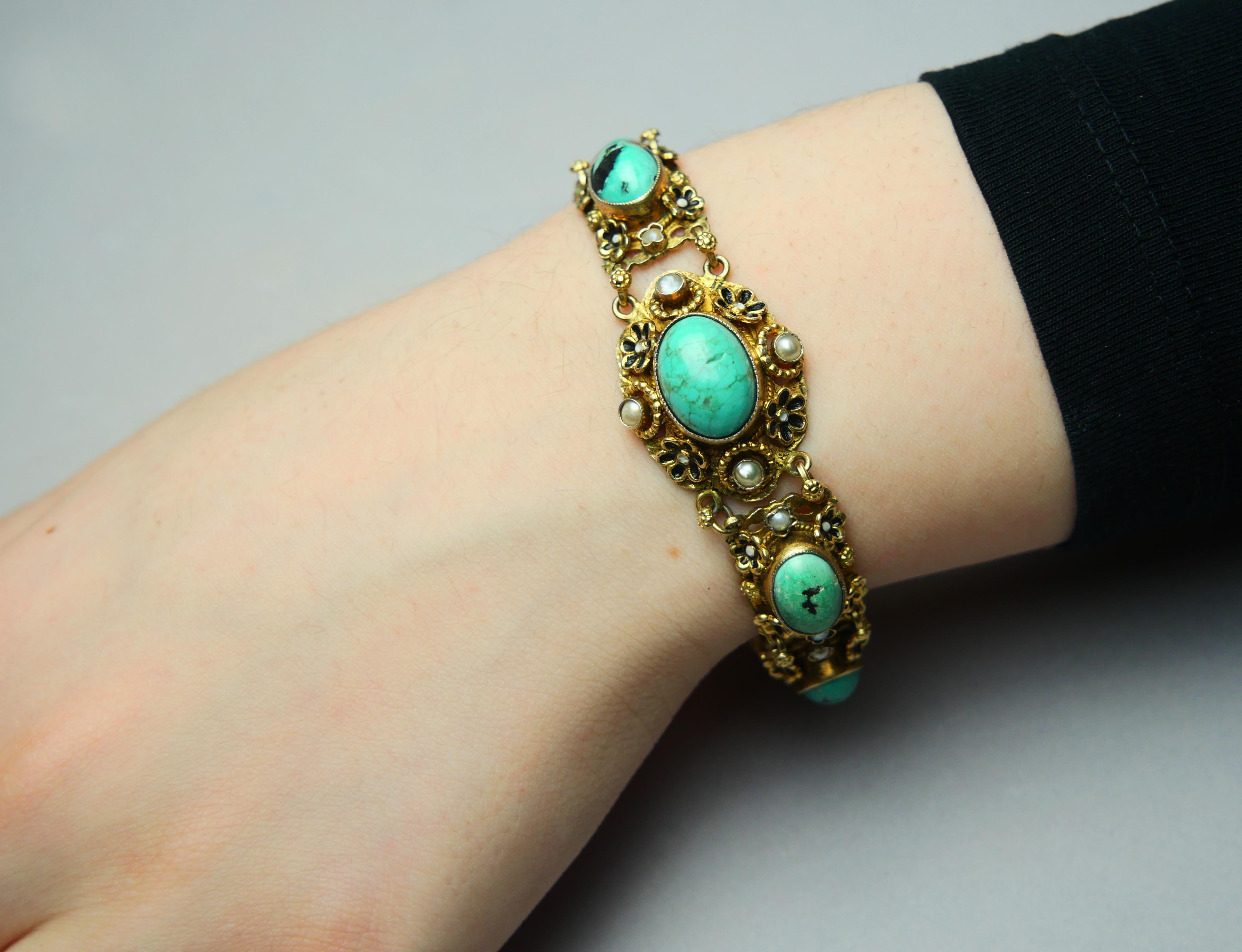 Cabochon Antique Austrian Bracelet + Brooch 50ctw Turquoise Pearls Gilt Silver 18cm 52gr For Sale