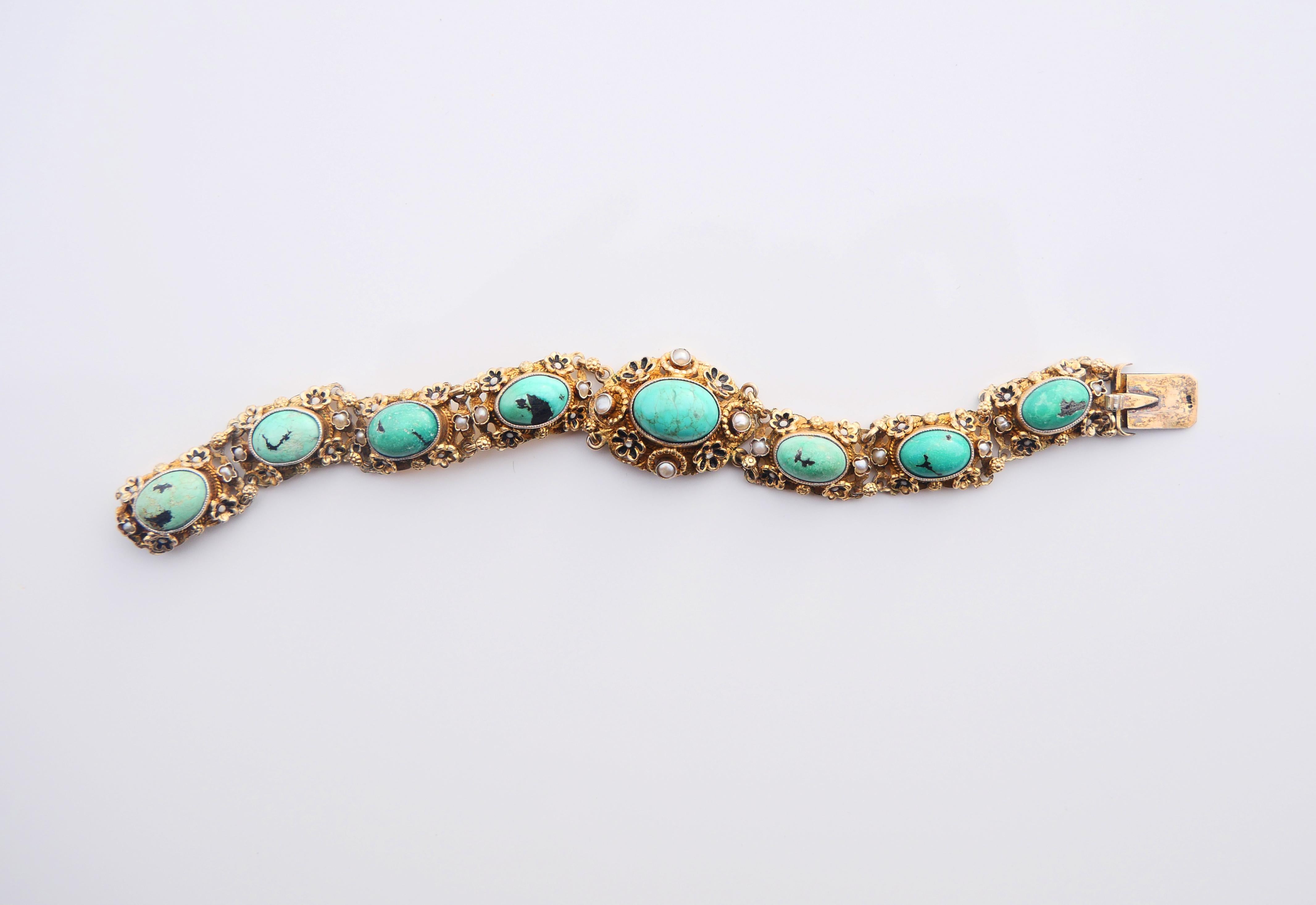 Antique Austrian Bracelet + Brooch 50ctw Turquoise Pearls Gilt Silver 18cm 52gr For Sale 1