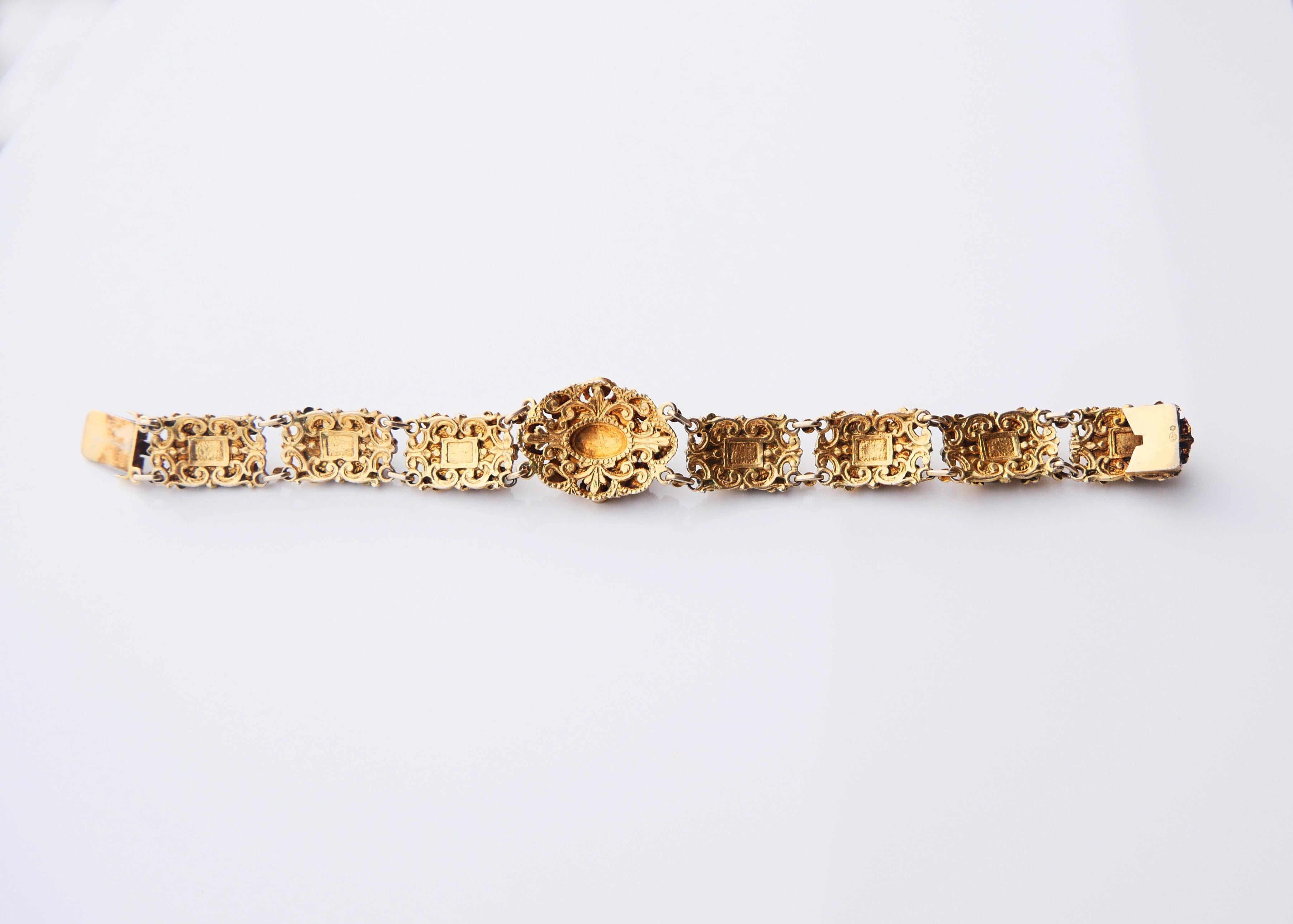 Antique Austrian Bracelet + Brooch 50ctw Turquoise Pearls Gilt Silver 18cm 52gr For Sale 2
