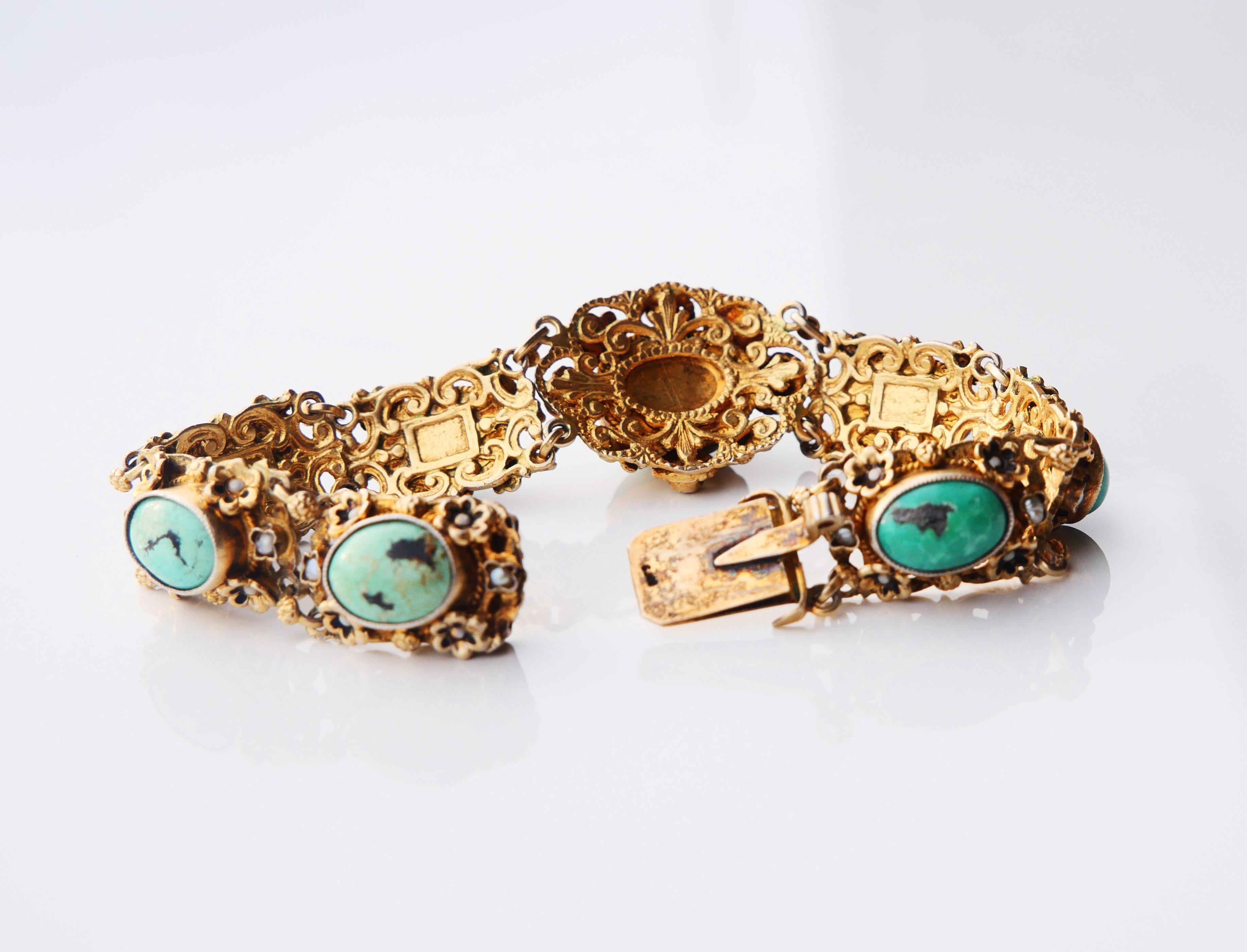 Antique Austrian Bracelet + Brooch 50ctw Turquoise Pearls Gilt Silver 18cm 52gr For Sale 3