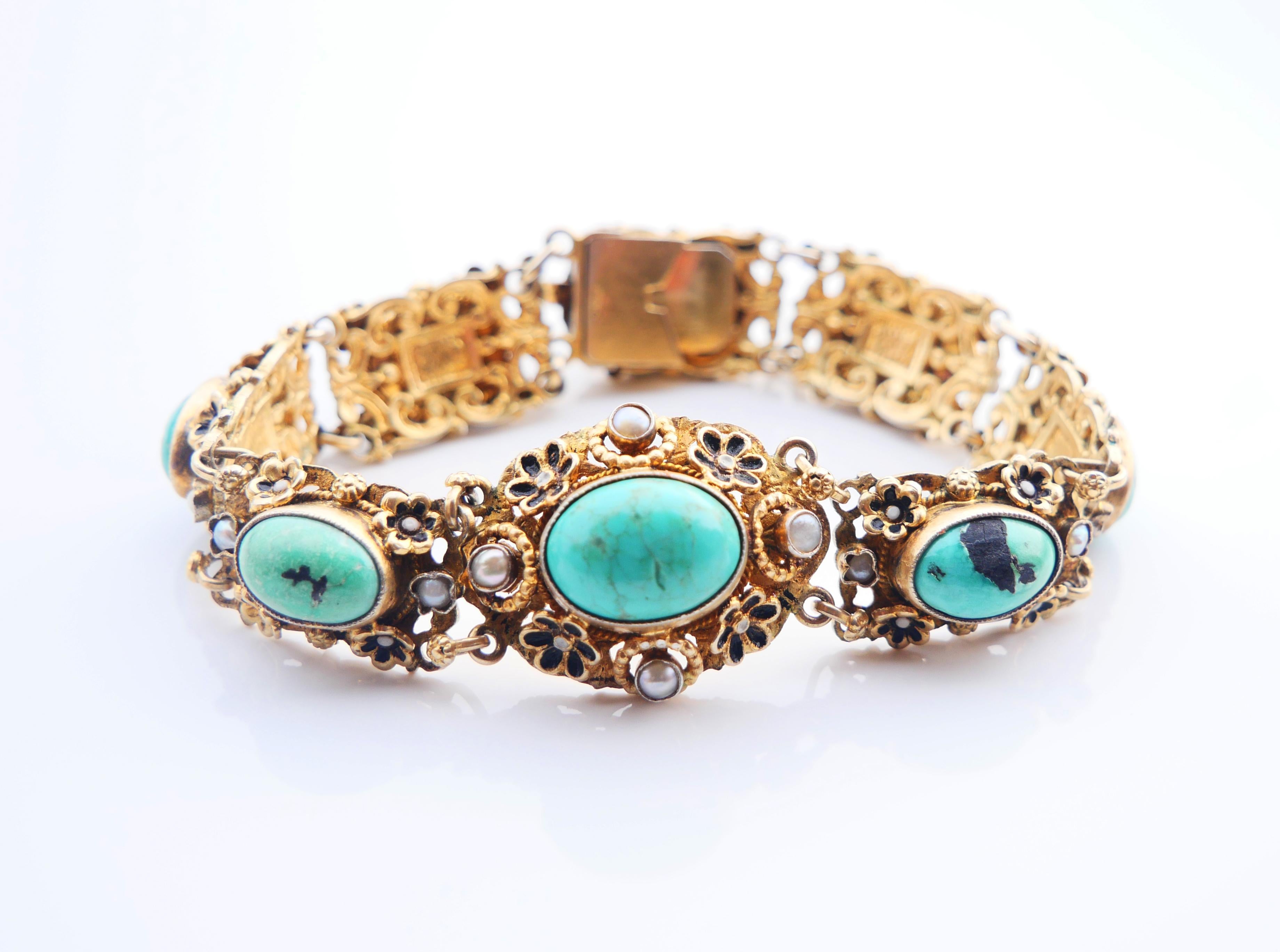 Antique Austrian Bracelet + Brooch 50ctw Turquoise Pearls Gilt Silver 18cm 52gr For Sale 4