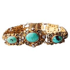 Pulsera Austriaca Antigua + Broche 50ctw Turquesa Perlas Plata Dorada 18cm 52gr