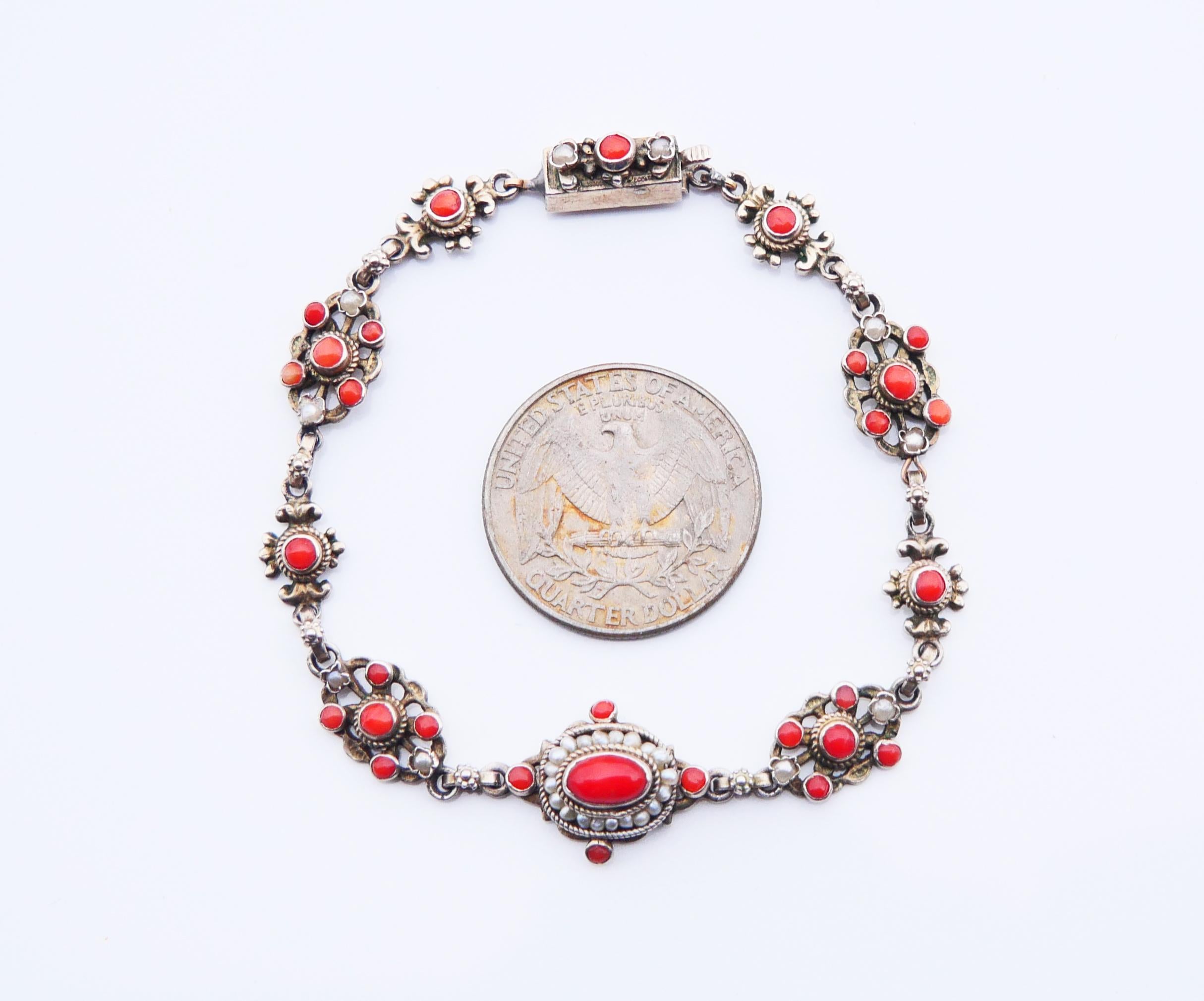 Antique Austrian Bracelet natural Red Coral Seed Pearls Gilt Silver / 12gr For Sale 5