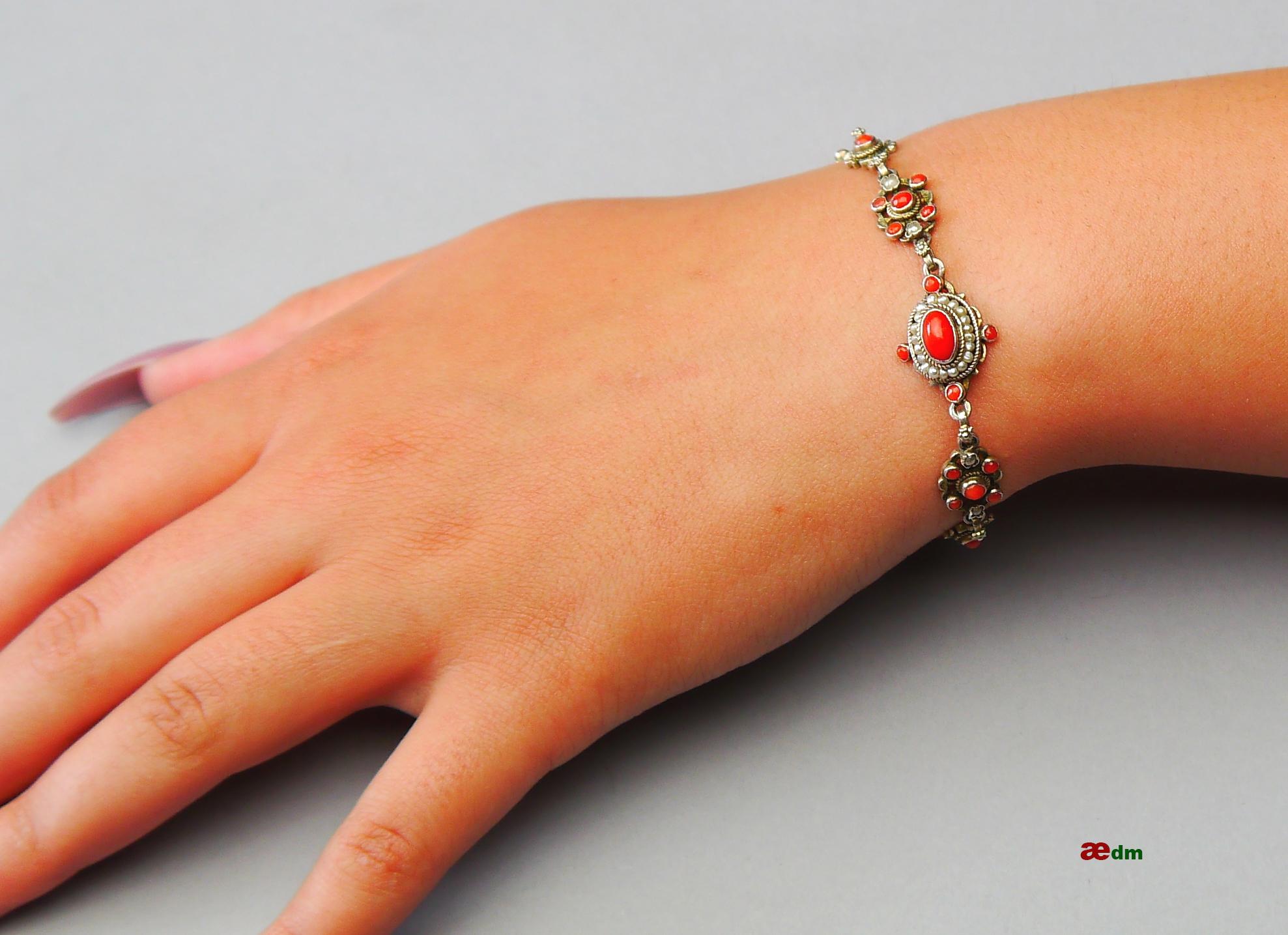Renaissance Revival Antique Austrian Bracelet natural Red Coral Seed Pearls Gilt Silver / 12gr For Sale