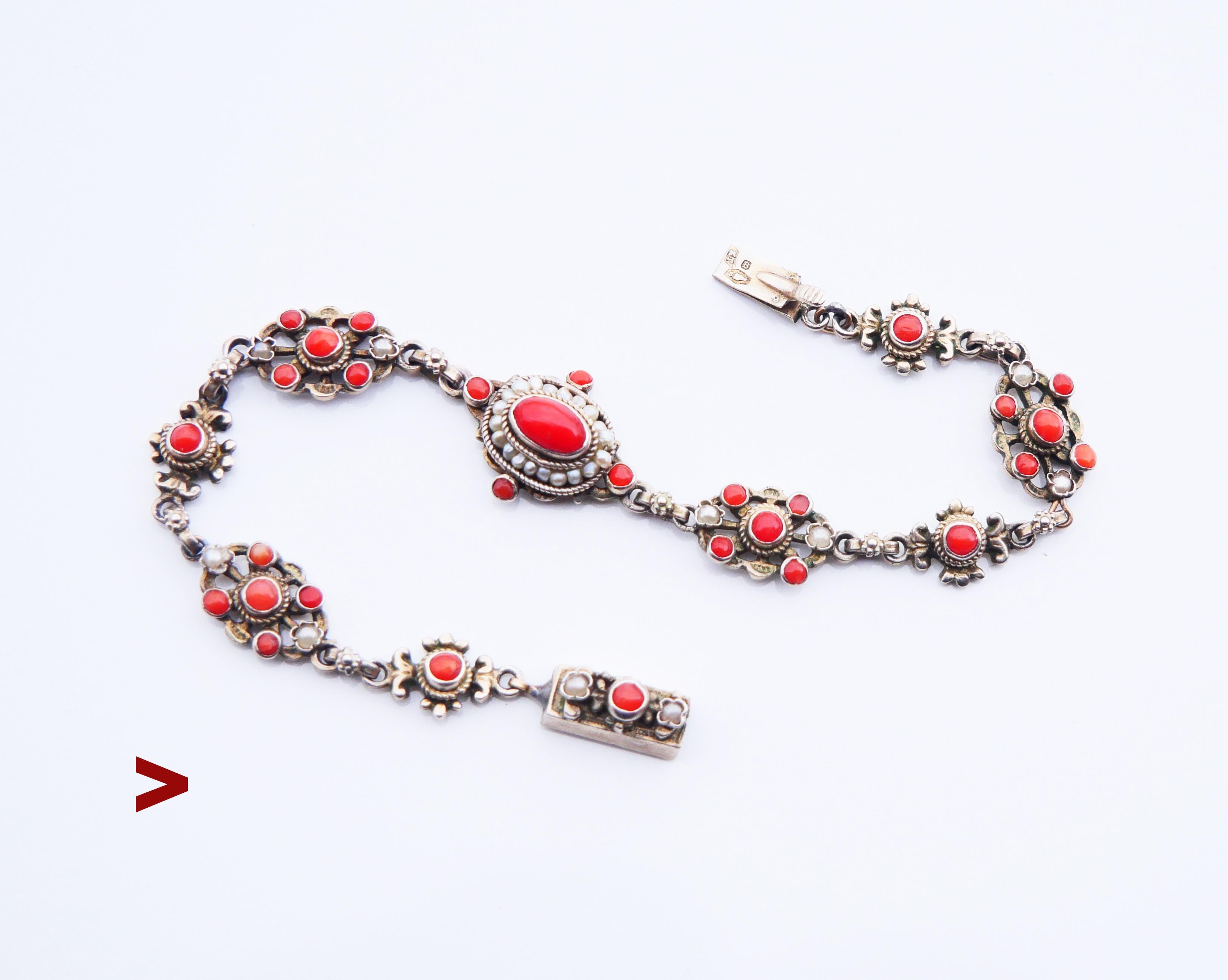 Round Cut Antique Austrian Bracelet natural Red Coral Seed Pearls Gilt Silver / 12gr For Sale
