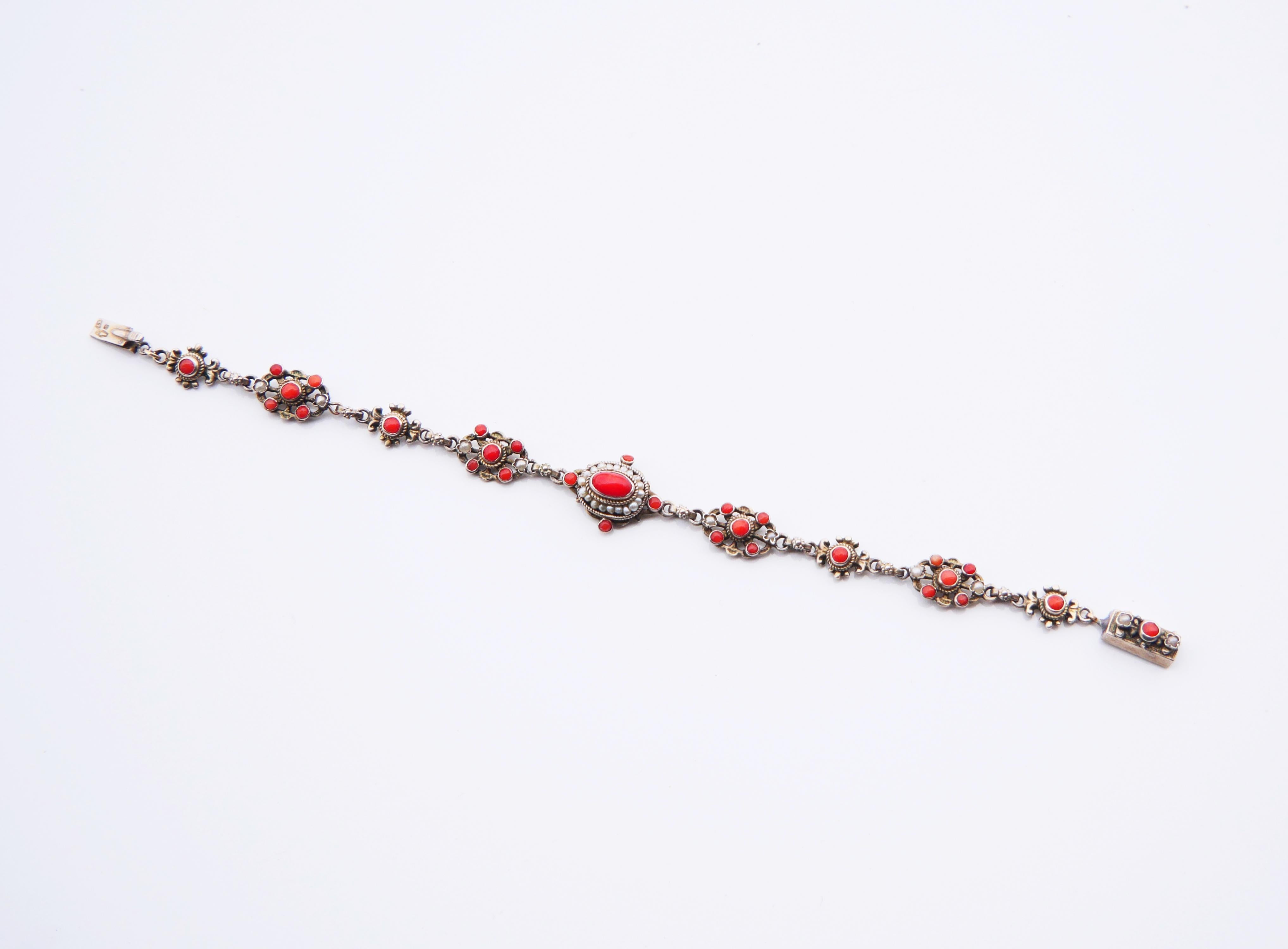 Antique Austrian Bracelet natural Red Coral Seed Pearls Gilt Silver / 12gr For Sale 1