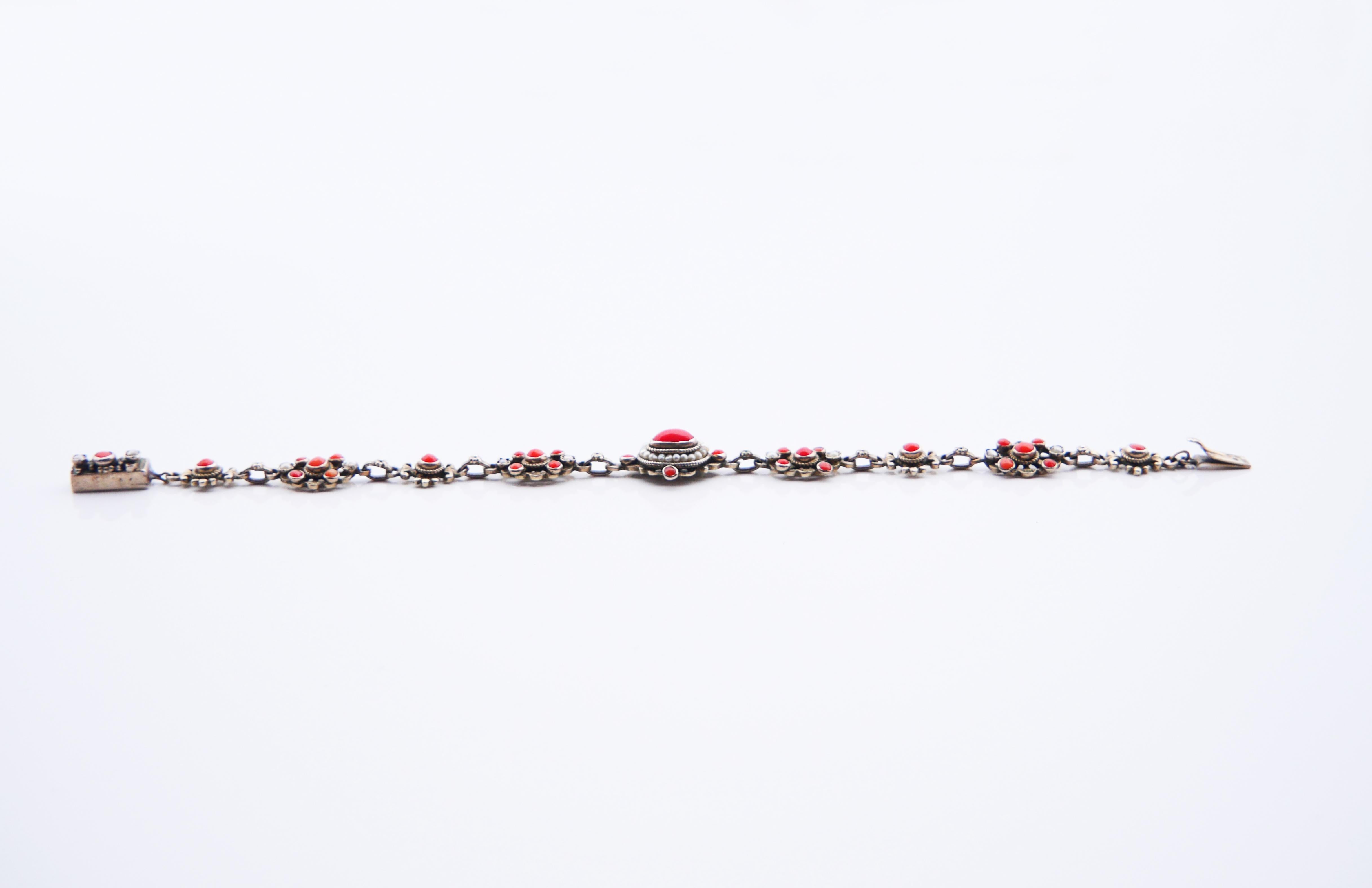 Antique Austrian Bracelet natural Red Coral Seed Pearls Gilt Silver / 12gr For Sale 2