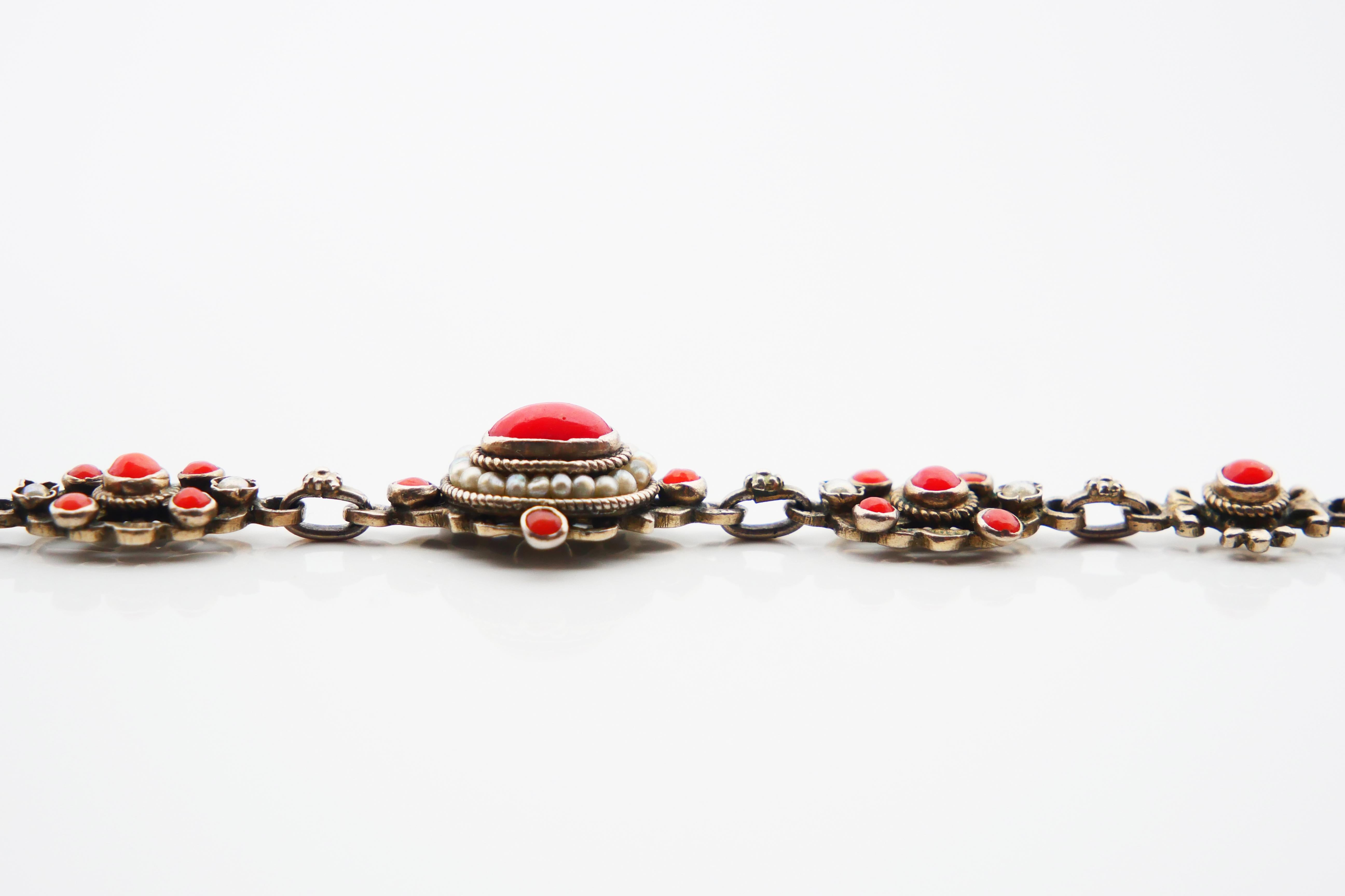 Antique Austrian Bracelet natural Red Coral Seed Pearls Gilt Silver / 12gr For Sale 3