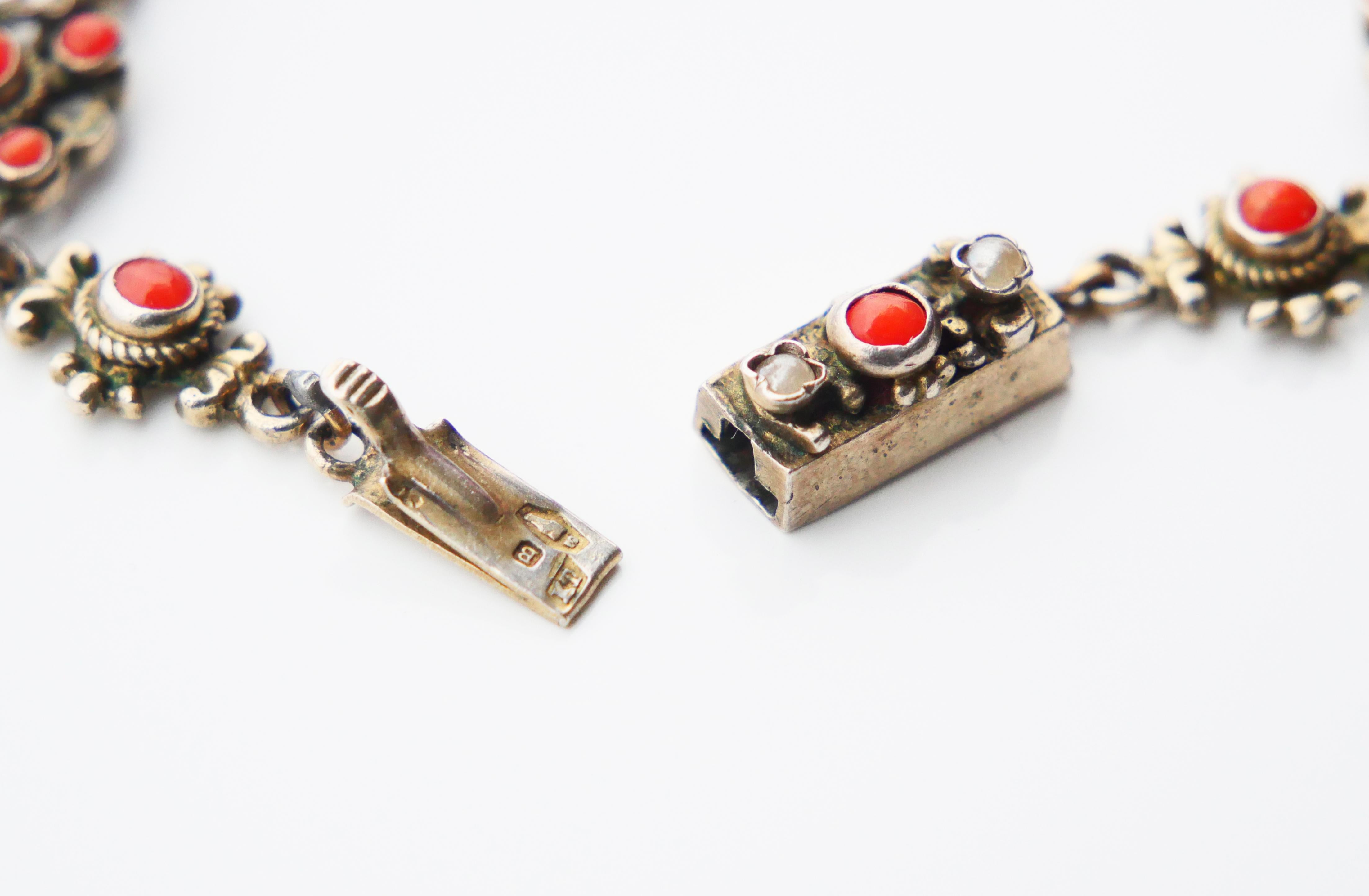 Antique Austrian Bracelet natural Red Coral Seed Pearls Gilt Silver / 12gr For Sale 4
