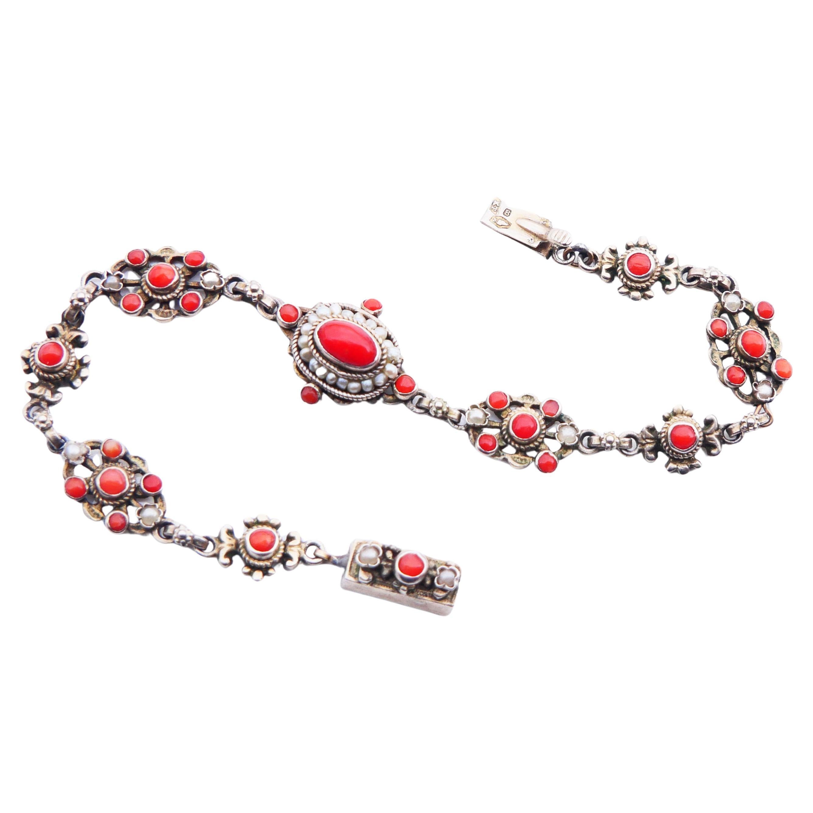 Antique Austrian Bracelet natural Red Coral Seed Pearls Gilt Silver / 12gr