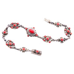 Bracelet autrichien ancien corail rouge naturel perles de graines et argent doré 12 g