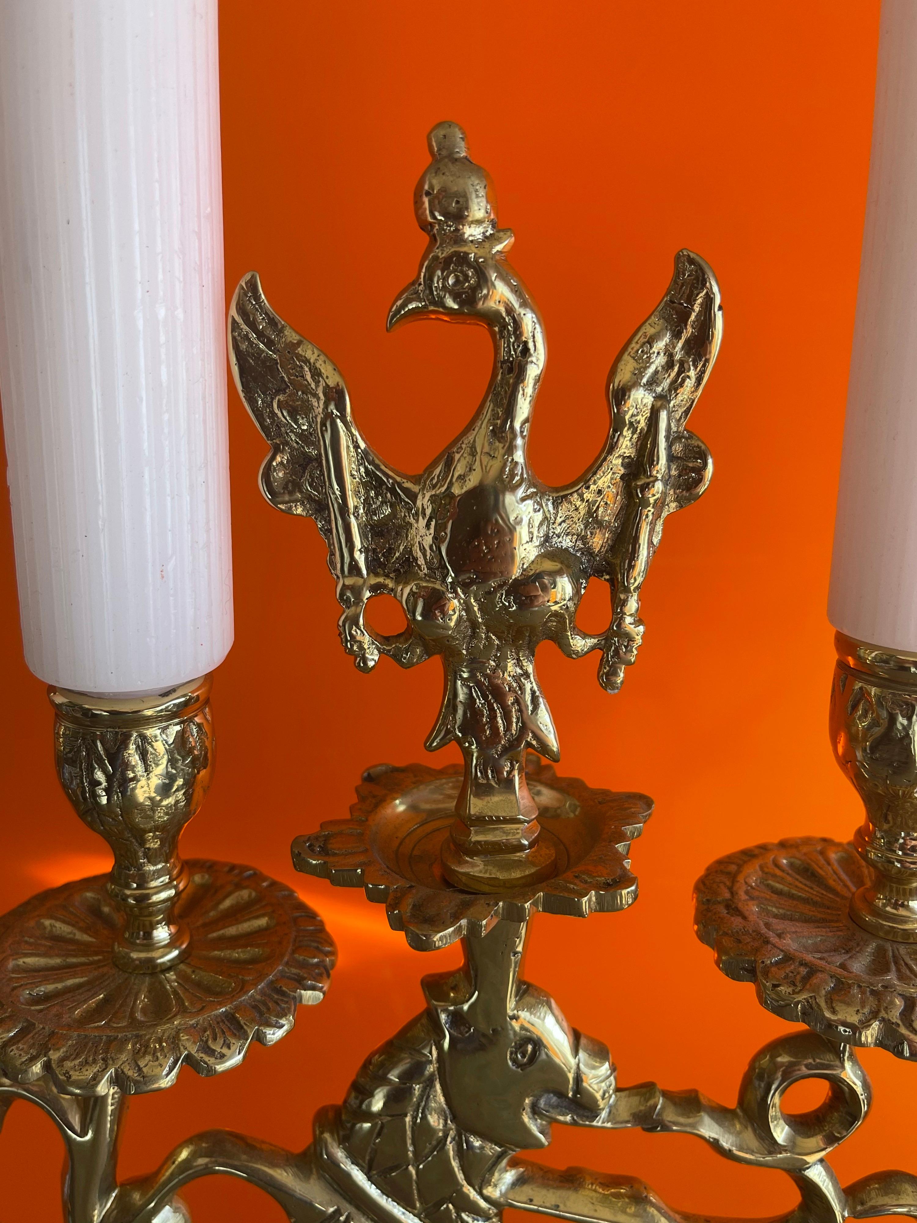 Antique Austrian Brass Candleabra with Phoenix For Sale 6