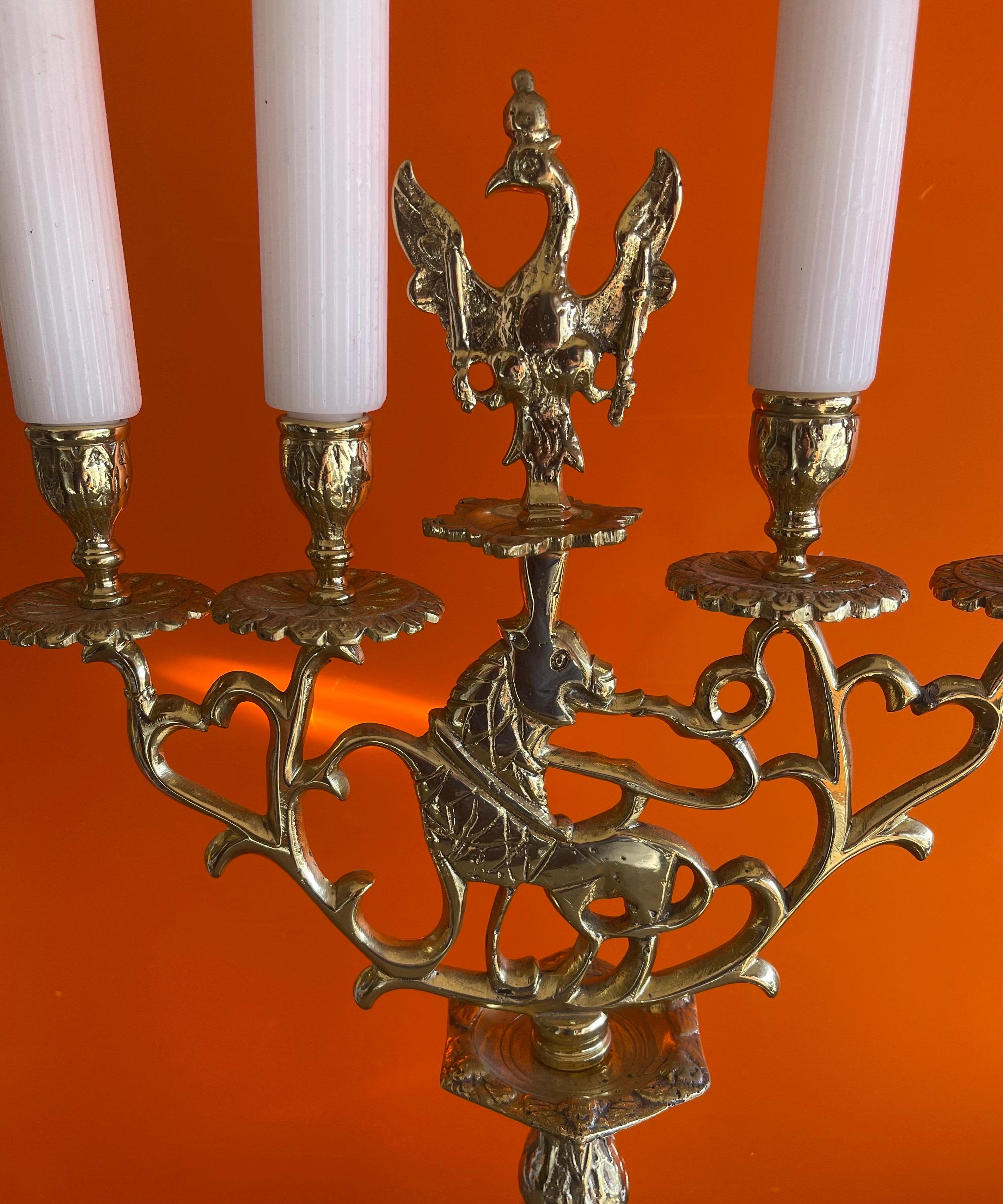 Antique Austrian Brass Candleabra with Phoenix For Sale 5