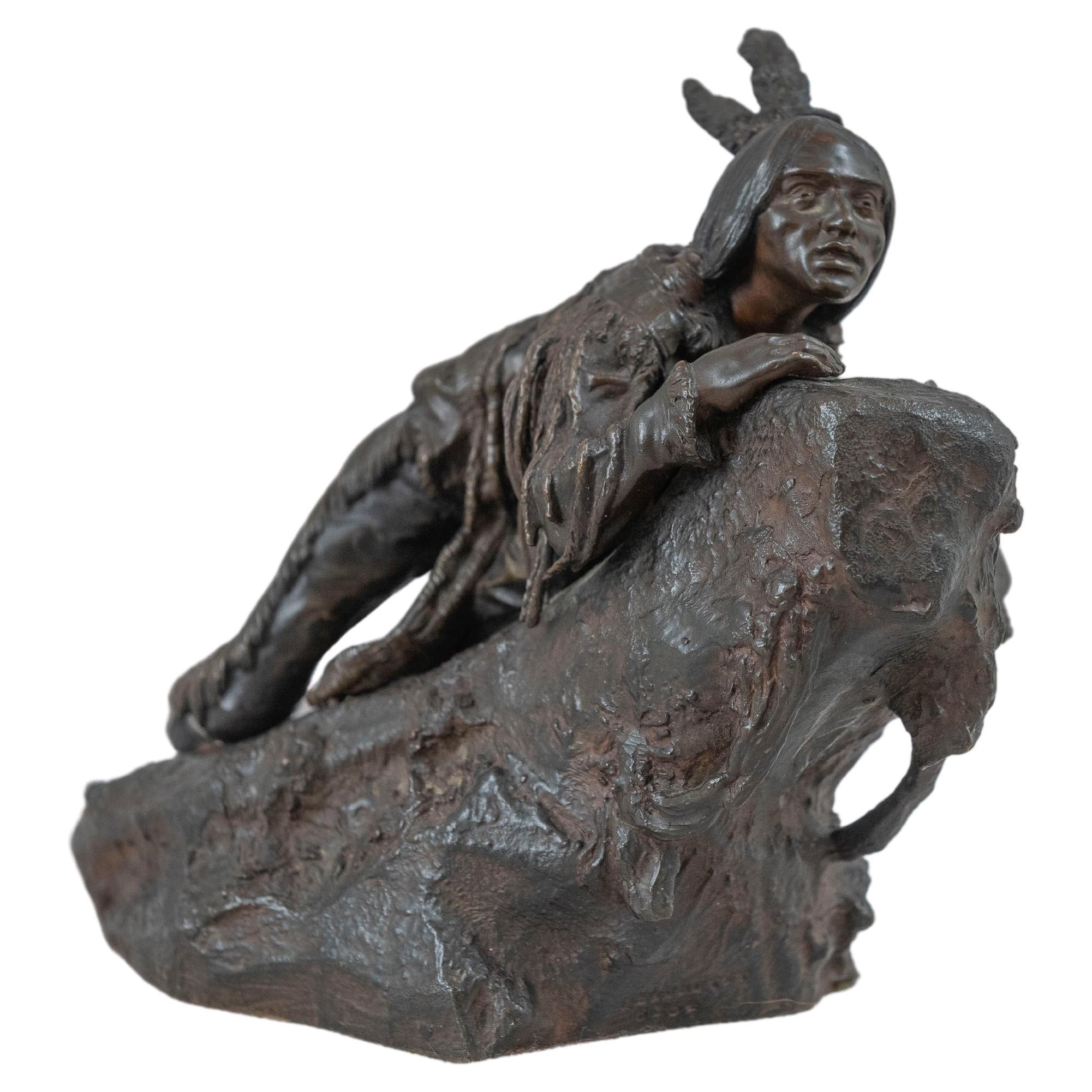 Antique Austrian Bronze, American Indian on Rock, signed Kauba, ca. 1910 For Sale