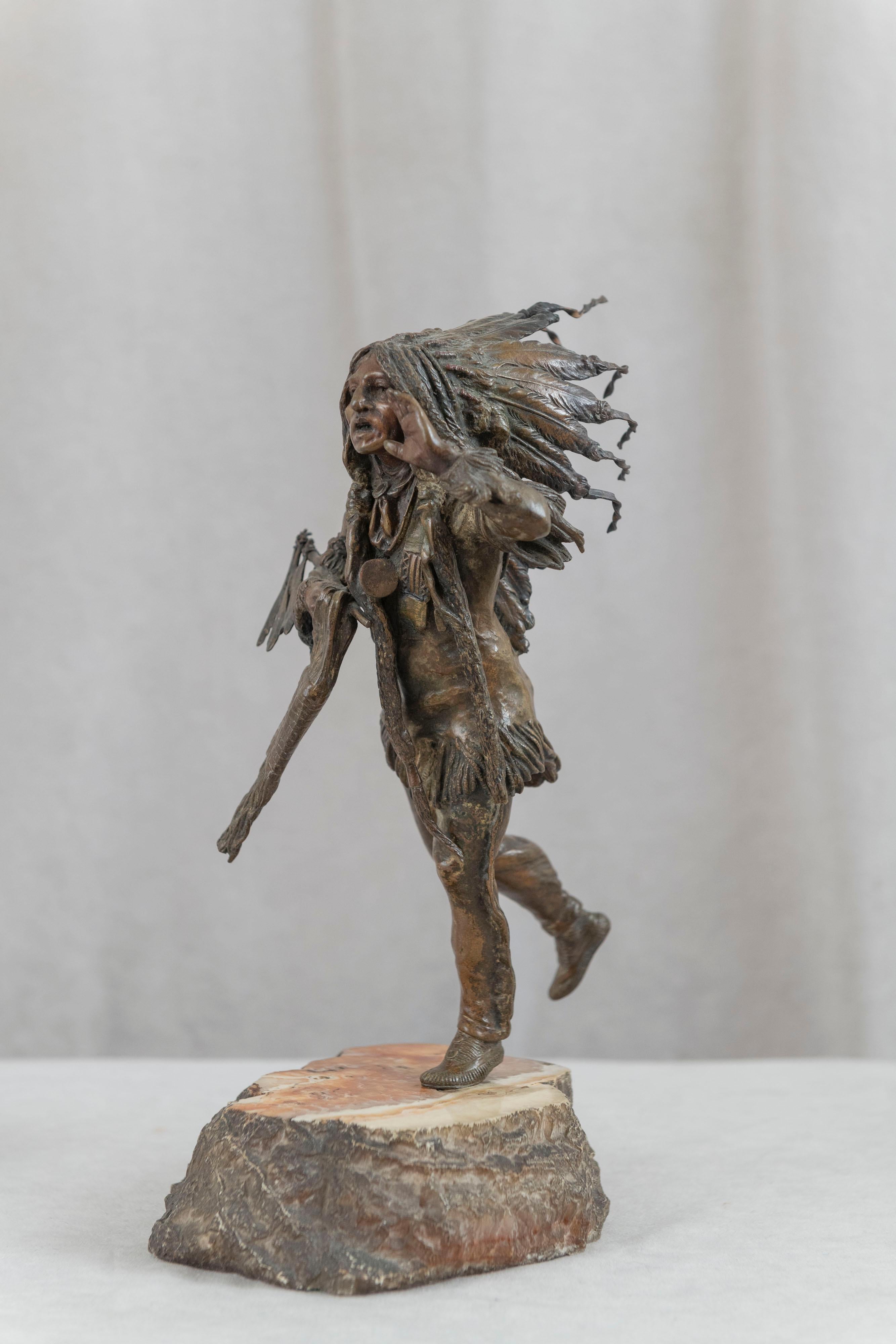 Hand-Crafted Antique Austrian Bronze Chief on Stone Base, Carl Kauba, Early 20th Century