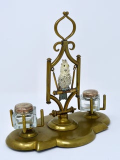 Antique Austrian Bronze Inkwell With Swinging Parrot Bird, circa 1900