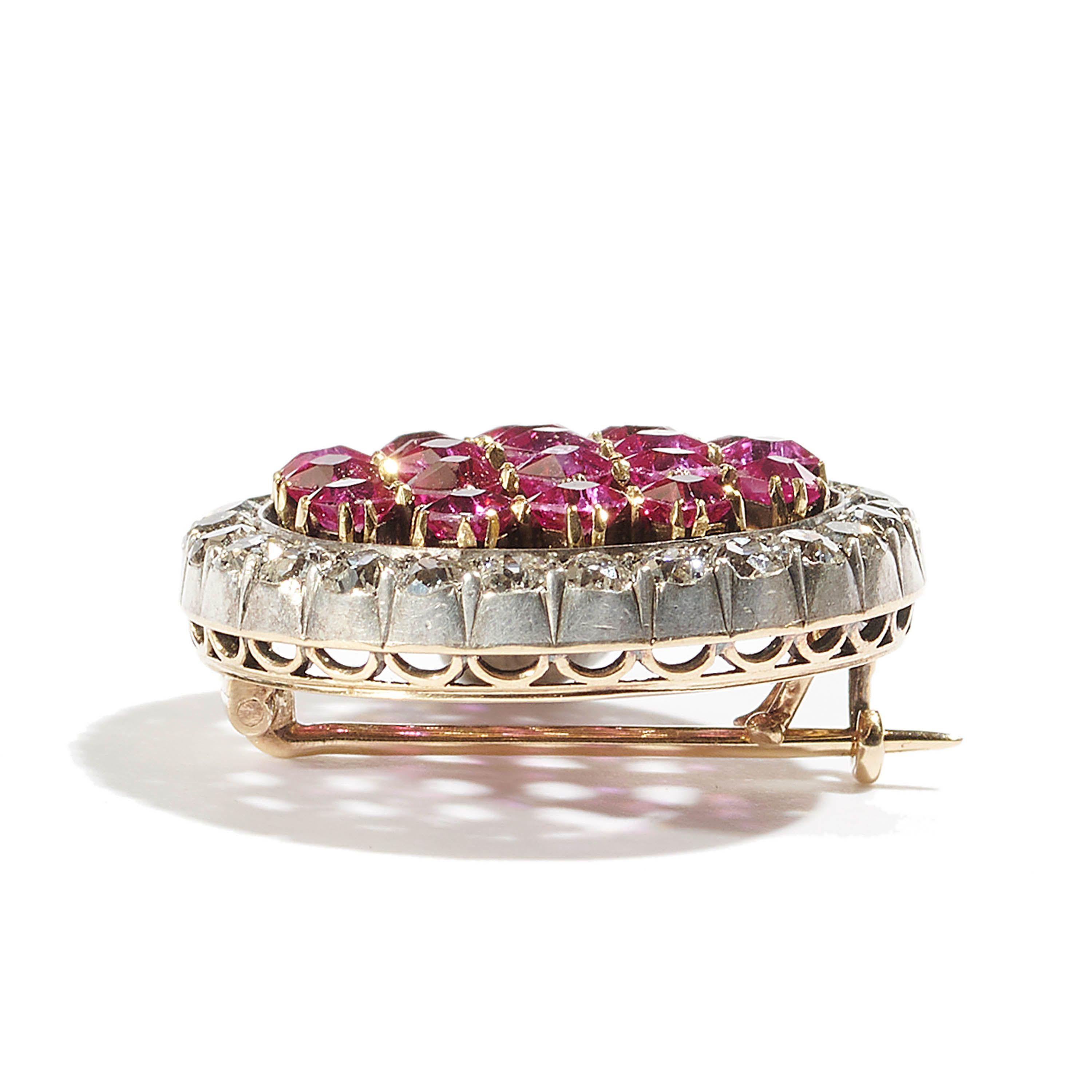 Belle Époque Antique Austrian Burma Ruby, Diamond and Silver-Upon-Gold Brooch, Circa 1890 For Sale