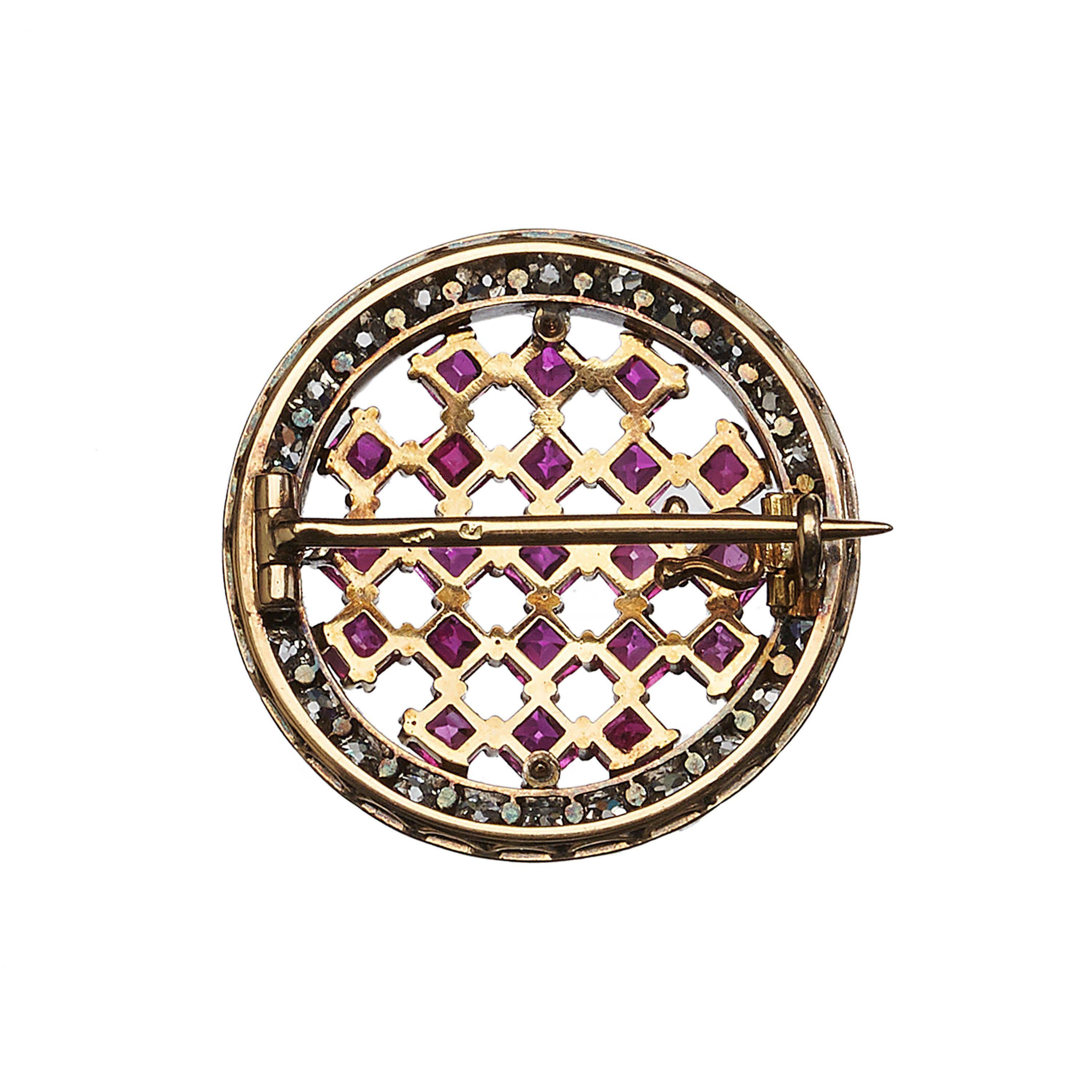 French Cut Antique Austrian Burma Ruby, Diamond and Silver-Upon-Gold Brooch, Circa 1890 For Sale