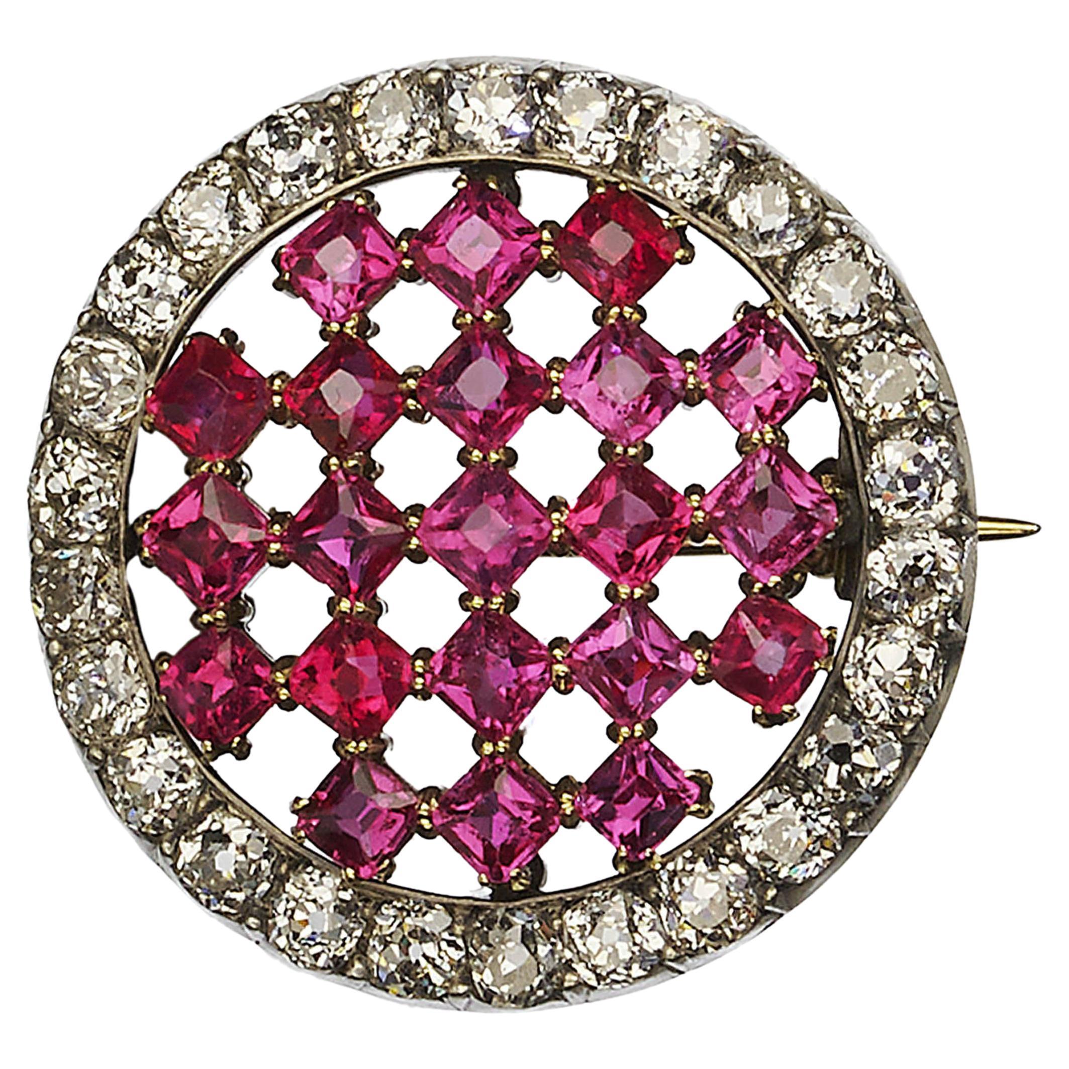 Antique Austrian Burma Ruby, Diamond and Silver-Upon-Gold Brooch, Circa 1890 For Sale